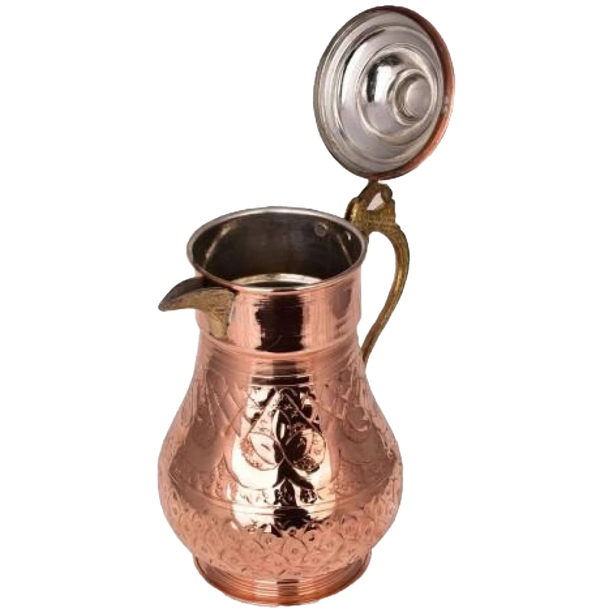 Handmade Hammered and Engraved Copper Water Pitcher with Lid