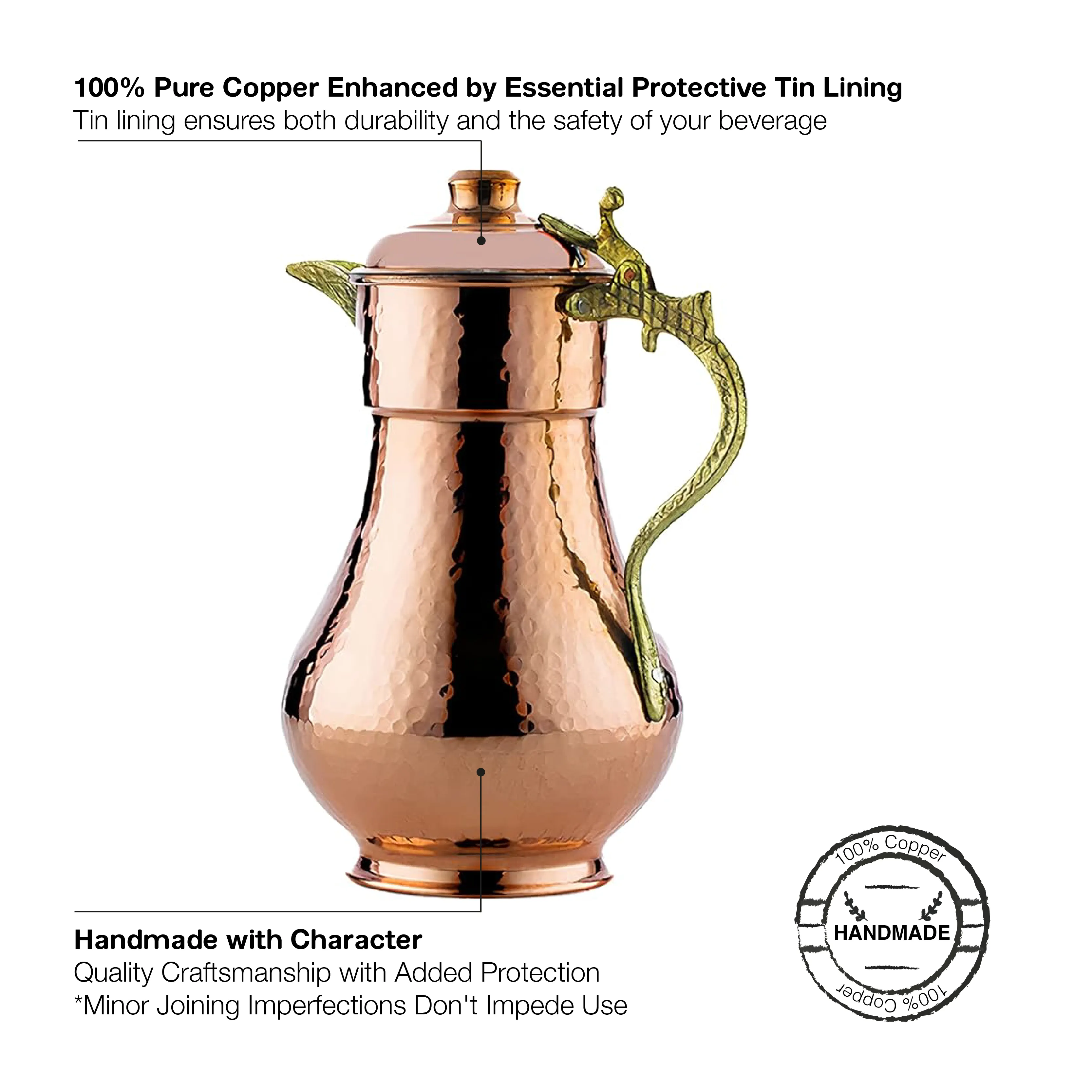 Handmade Hammered Copper Water Pitcher with Lid, 1 qt