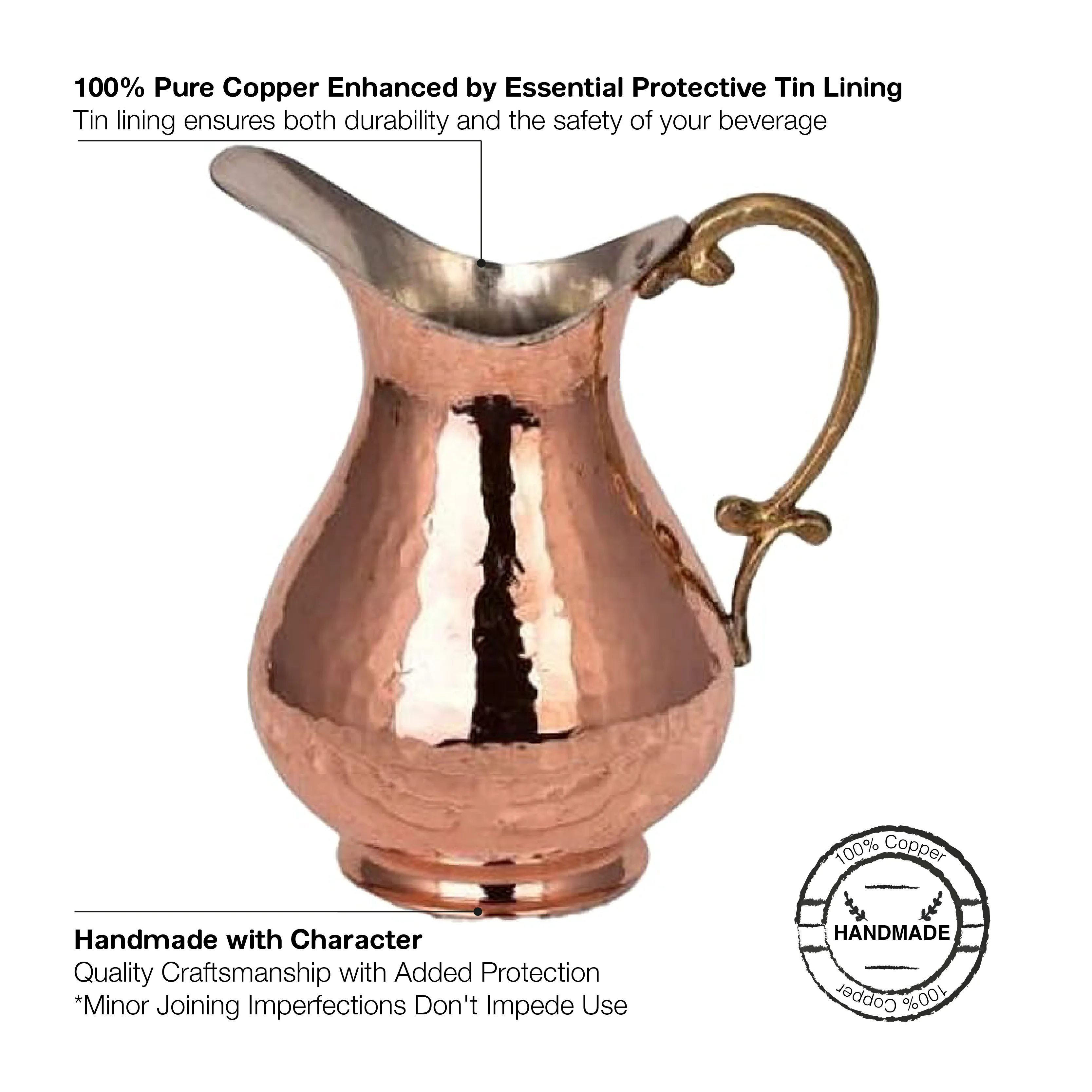 Handmade Pure Copper Jug for Drinking Water, 1 qt