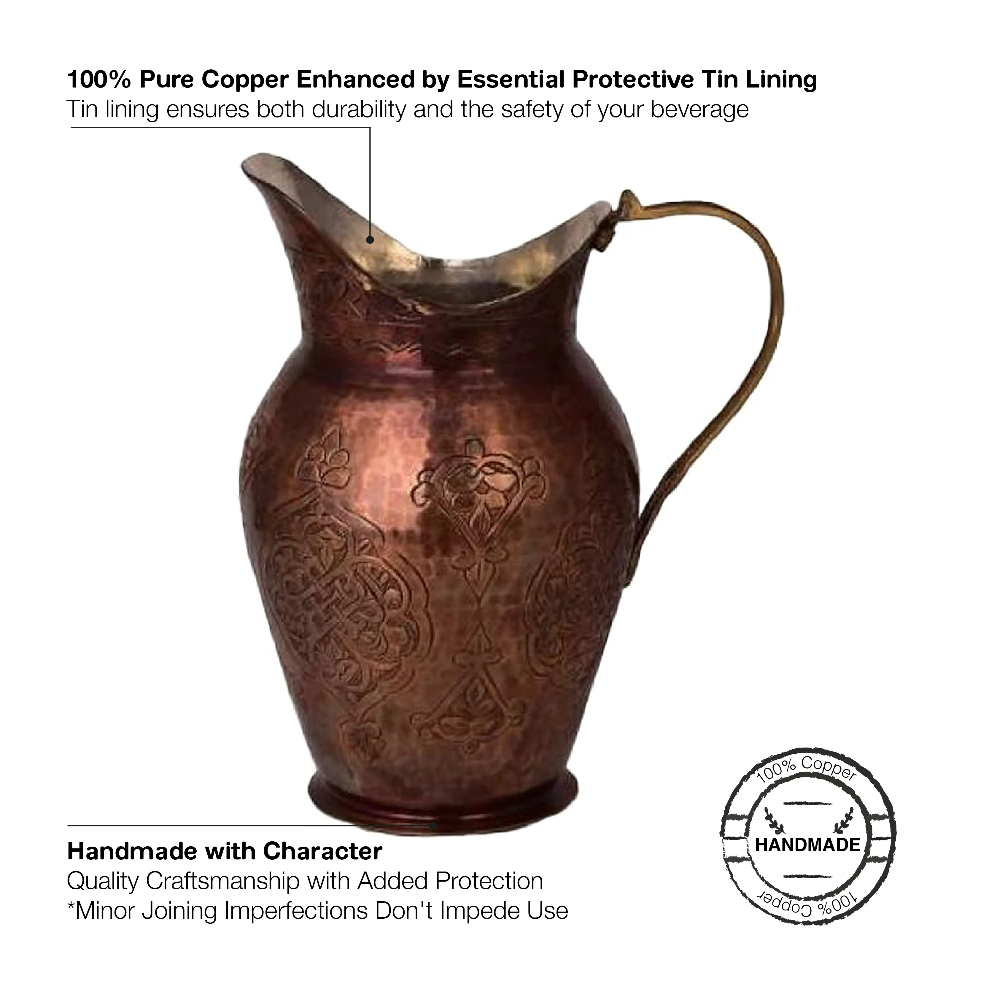 Handmade Pure Copper Jug for Drinking Water, Pitcher, 2.6 qt