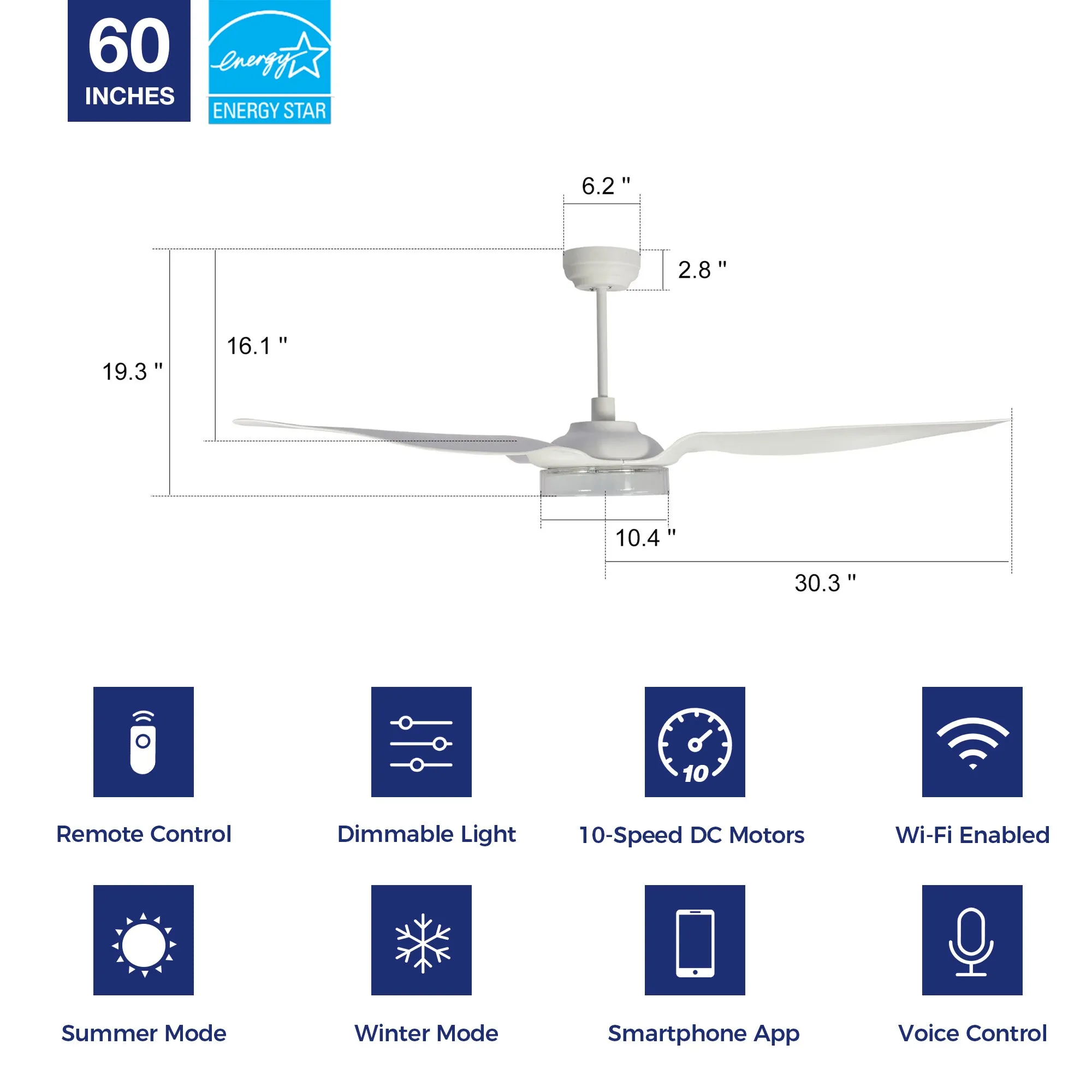 Icebreaker 60 inch Smart Ceiling Fan with LED Light and Remote- Set of 2