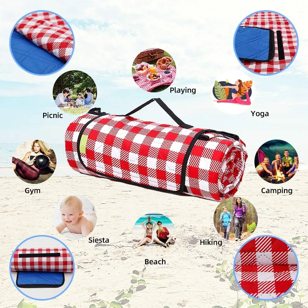 ITEM# 0027   Machine Washable Extra Large Picnic & Beach Blanket Handy Mat Plus Thick Dual Layers Sandproof Waterproof Padding Portable for the Family, Friends, Kids, 79"x79" (Red and white) Watch Video