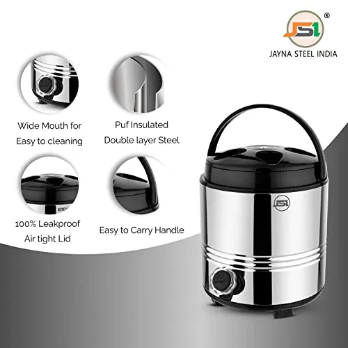 JSI Stainless Steel Insulated Water Jug/Dispenser 5 Liters for Home Kitchen Office I 2 Inch Thick PUF Insulation I Water/TES Carafe I Ergonomically Design I Keeps Beverages Fresh and Hot for 4-5 Hrs