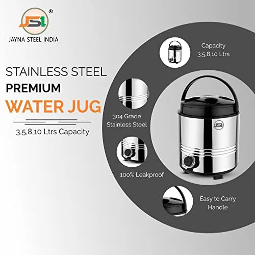 JSI Stainless Steel Insulated Water Jug/Dispenser 5 Liters for Home Kitchen Office I 2 Inch Thick PUF Insulation I Water/TES Carafe I Ergonomically Design I Keeps Beverages Fresh and Hot for 4-5 Hrs