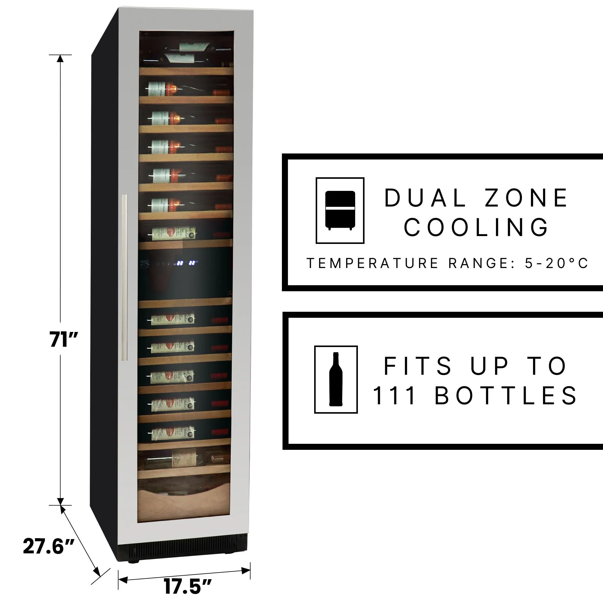 Kenmore Elite 18 Inch Dual Zone Compressor Wine Fridge, 111 Bottle Wine Cooler, Built-In/Freestanding Wine Refrigerator, Digital Temp. Control, Low Noise, UV Protective Glass, Reversible Door, Black