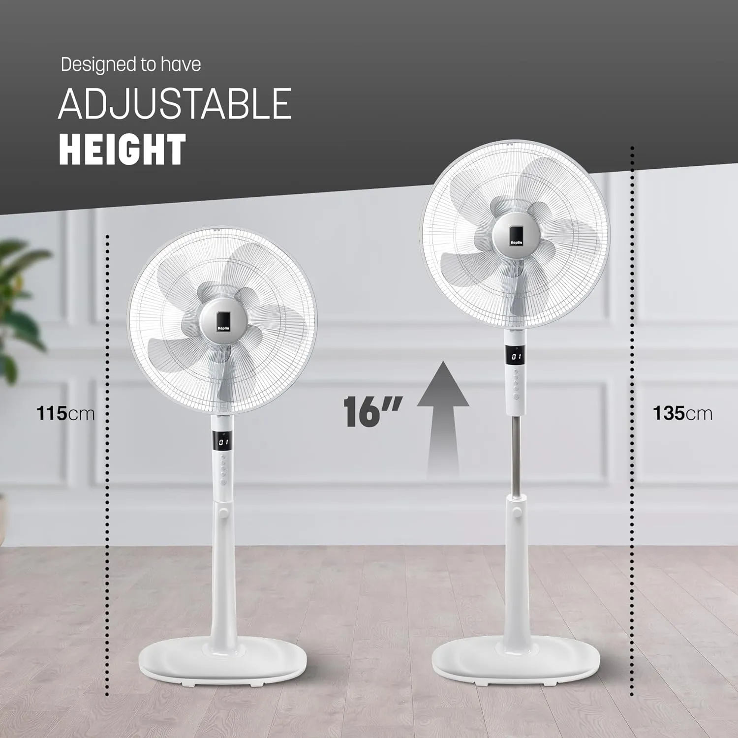 KEPLIN 16 Inch Pedestal Fan 26-Speed, 10 Blades Standing Fan, Remote Control & LED Display Adjustable Height, Turbo Wind Speed,3 Modes, 24-Hour Timer & 90° Oscillation for Home,Office & Bedroom