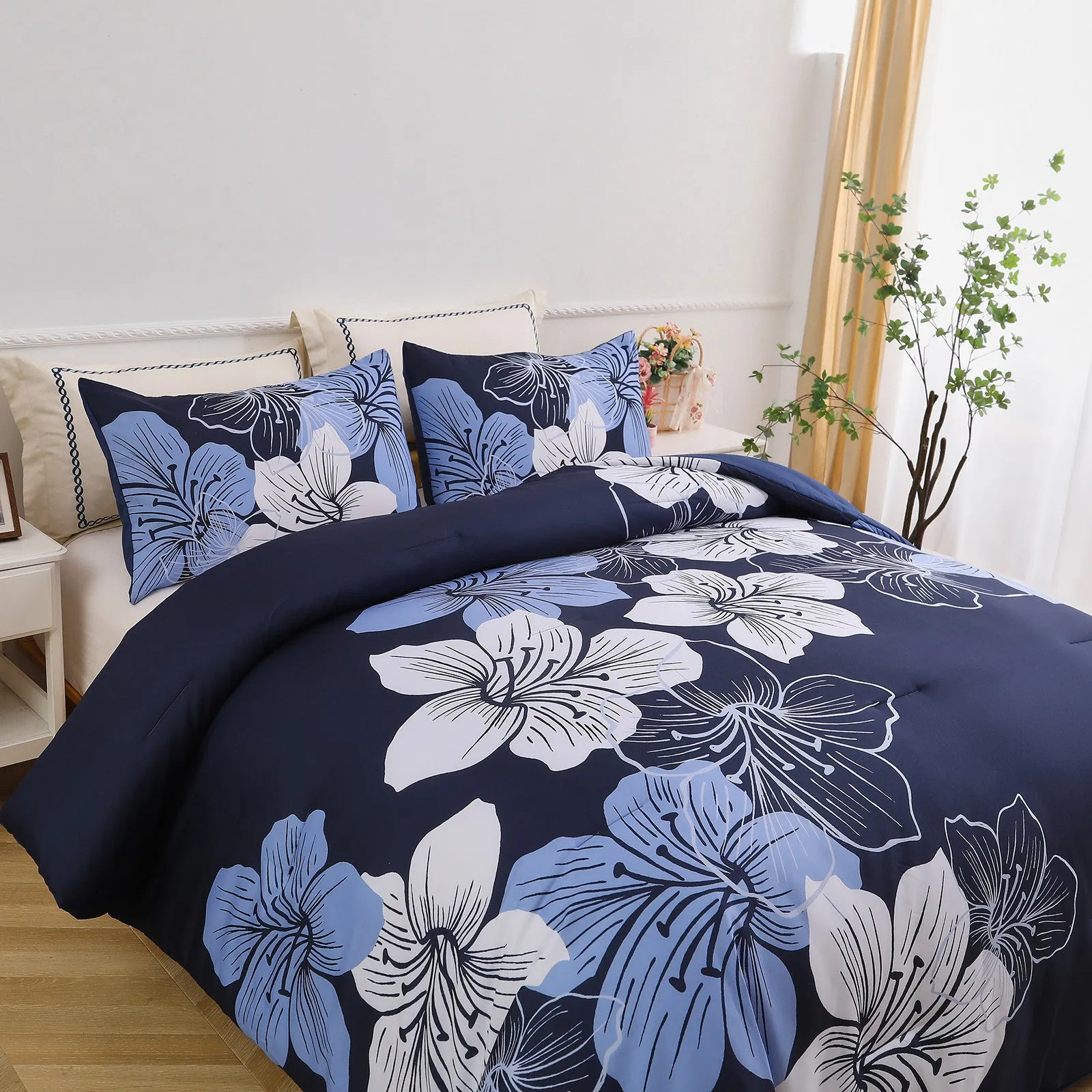 King Comforter Set, Navy Blue Floral 3-Piece Bedding, Soft Microfiber for All Seasons