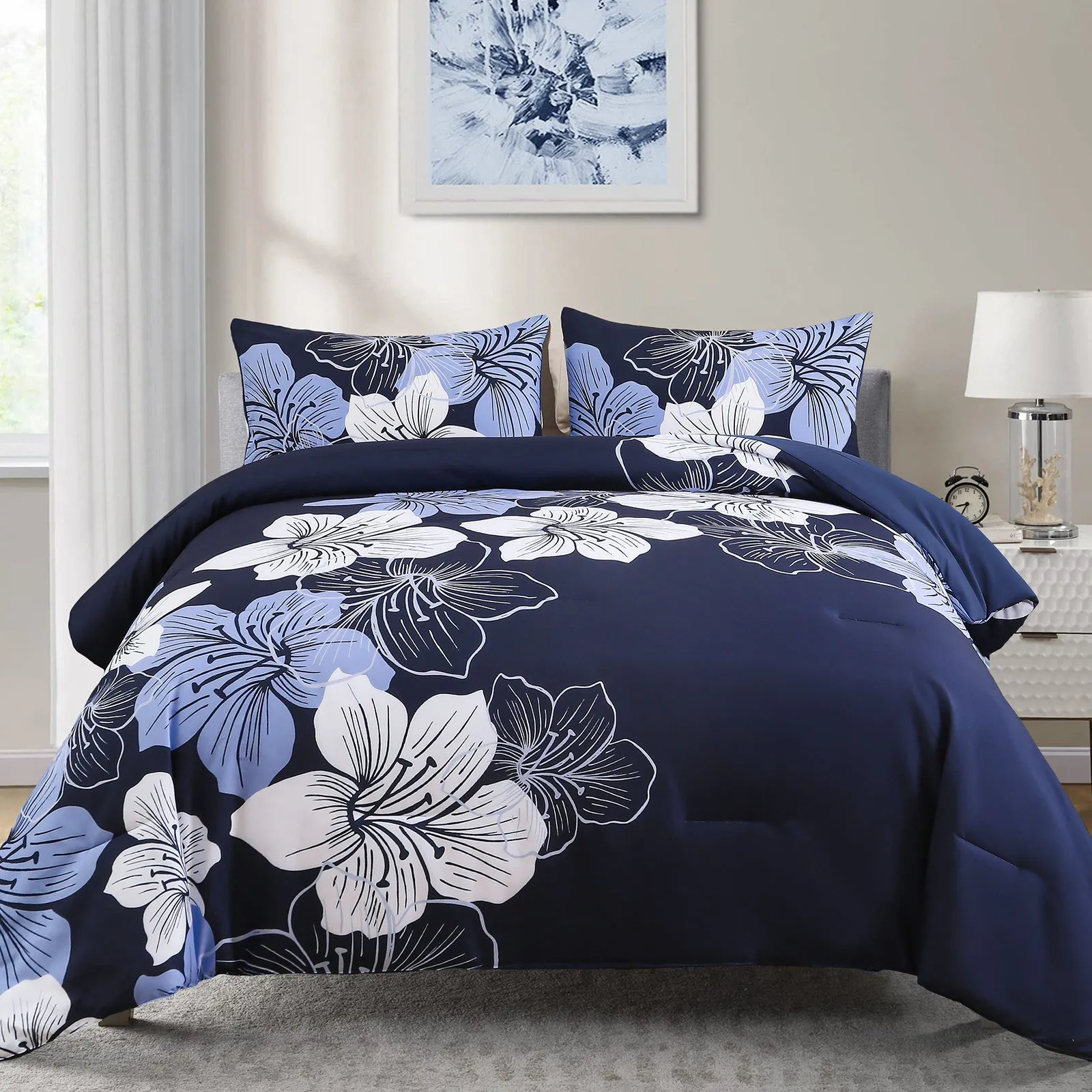 King Comforter Set, Navy Blue Floral 3-Piece Bedding, Soft Microfiber for All Seasons