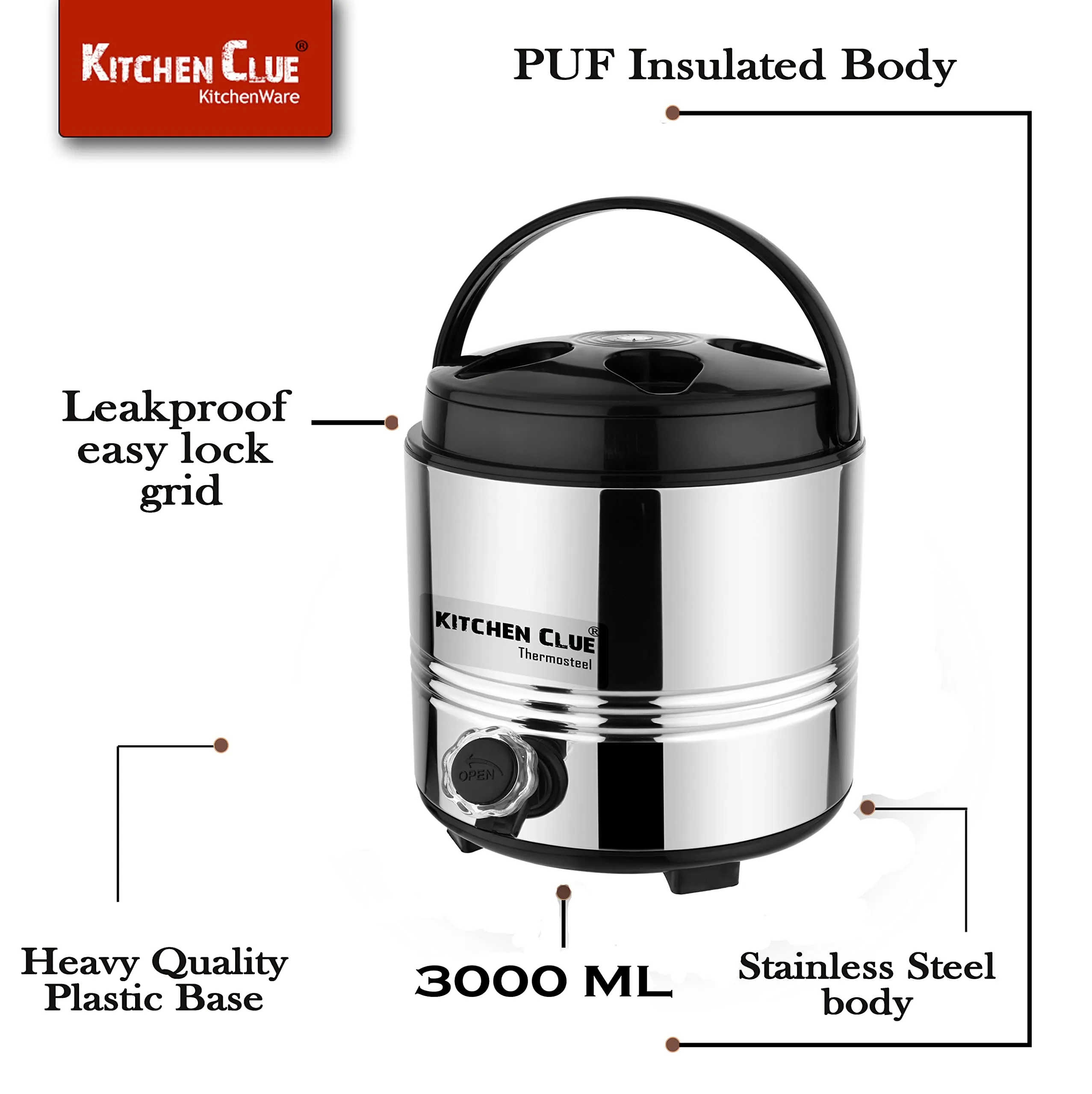 KITCHEN CLUE HOT & Cold PUF Insulated Tea/Coffee/Water Dispenser for Kitchen Home Office I 3 Liters I Stainless Steel Water Jug with Easy to Carry Handle I Tea/Water Carafe (3 Liters)