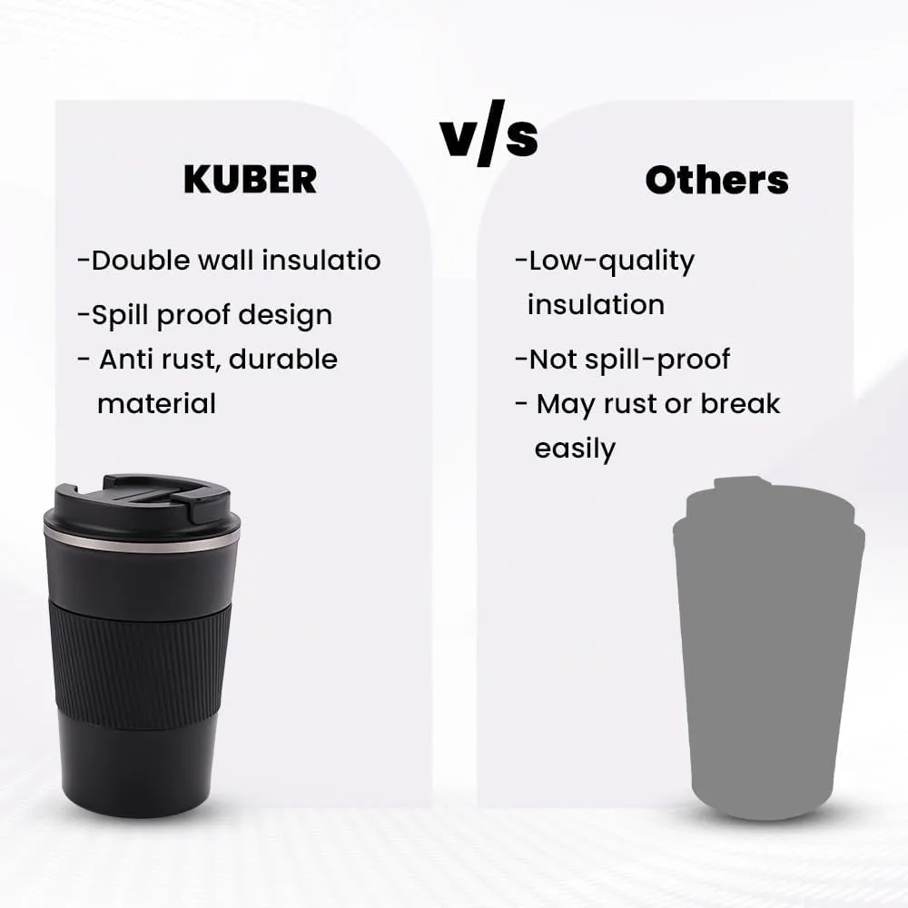 Kuber Industries Stainless Steel Insulated Coffee Cup with Sipper Mouth|Travel Coffee Mug 380 ML-Pack of 2|Black|