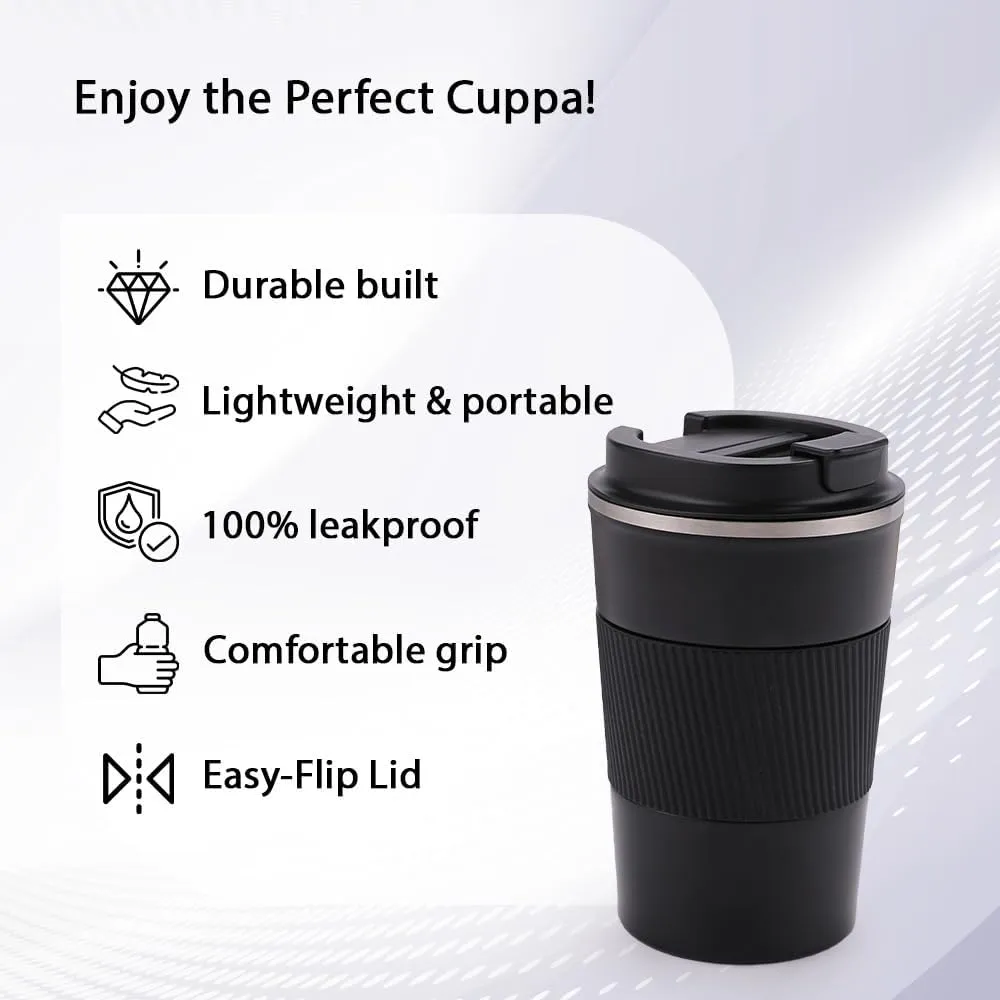 Kuber Industries Stainless Steel Insulated Coffee Cup with Sipper Mouth|Travel Coffee Mug 380 ML-Pack of 2|Black|