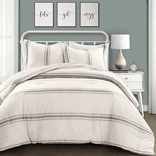 Lush Decor Farmhouse Stripe 3 Piece Reversible Comforter Bedding Set, Full/Queen, Gray