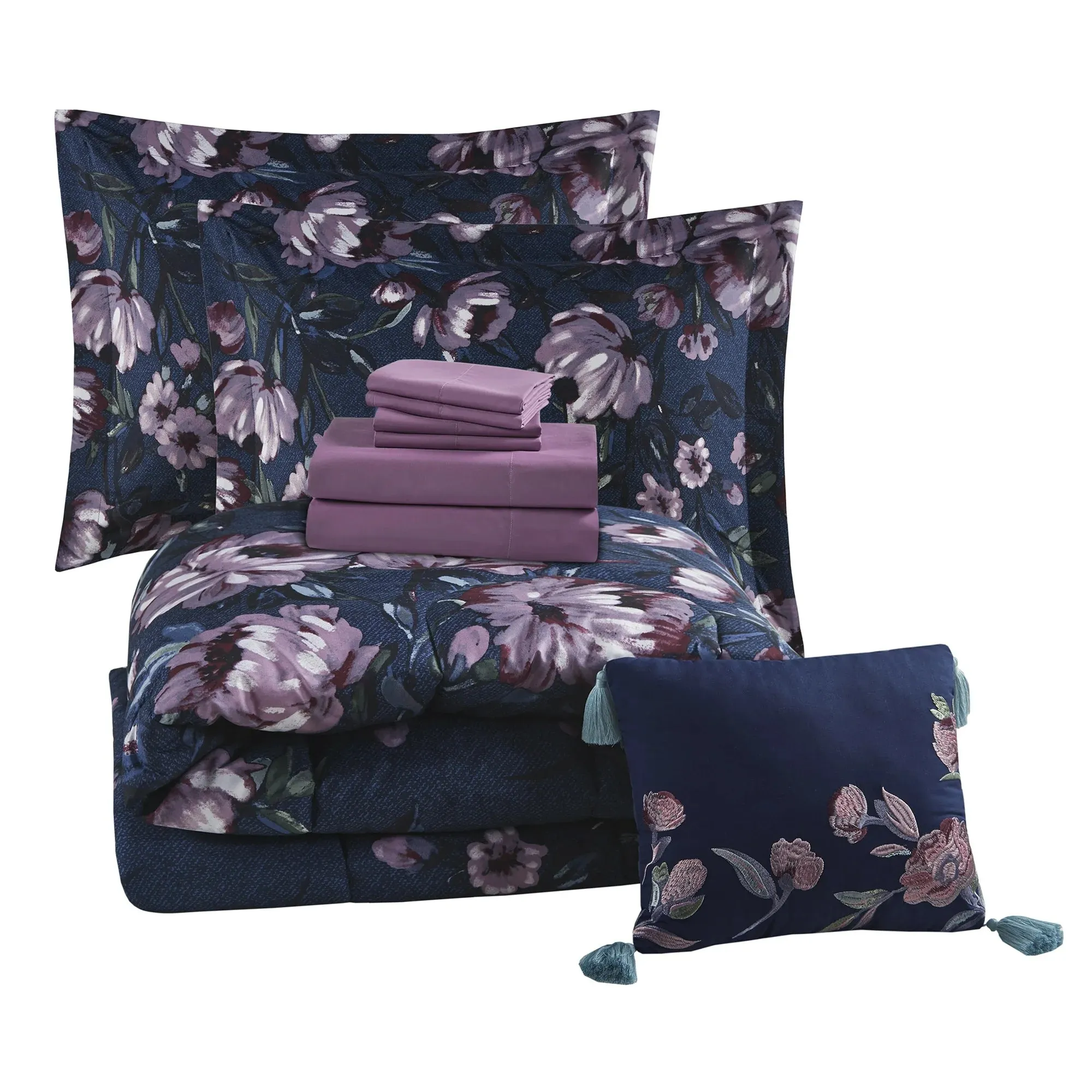 Mainstays MS9344409622-10 10 Piece Bed In A Bag Comforter Set W/Sheets, Full Navy Floral