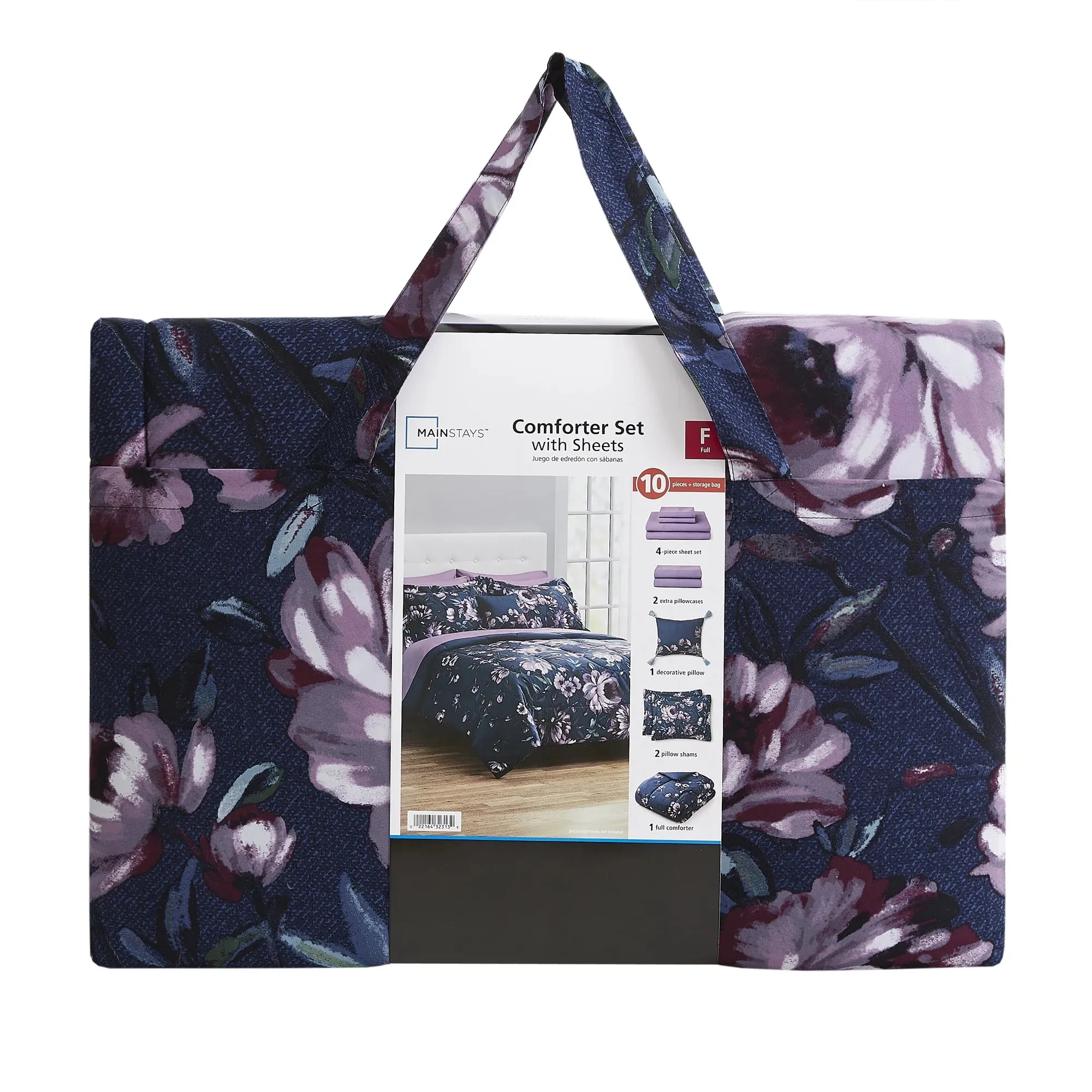 Mainstays MS9344409622-10 10 Piece Bed In A Bag Comforter Set W/Sheets, Full Navy Floral