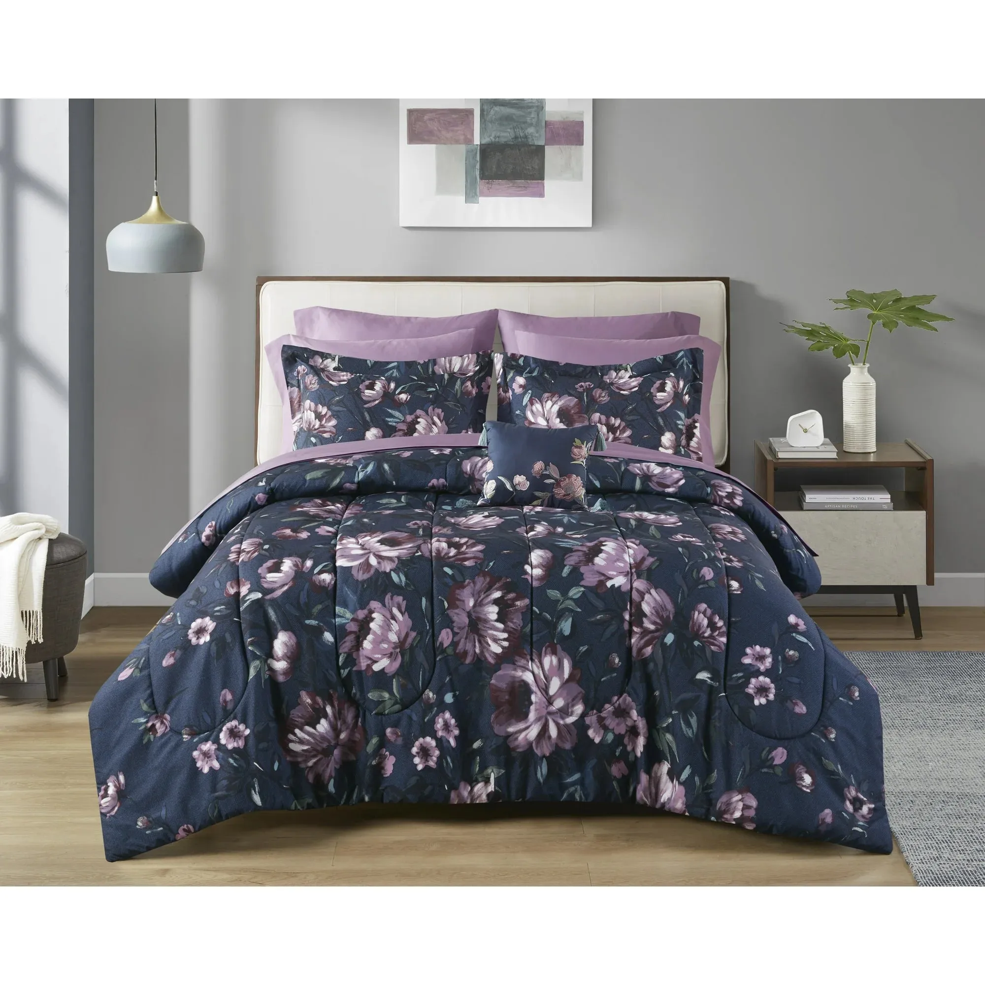 Mainstays MS9344409622-10 10 Piece Bed In A Bag Comforter Set W/Sheets, Full Navy Floral