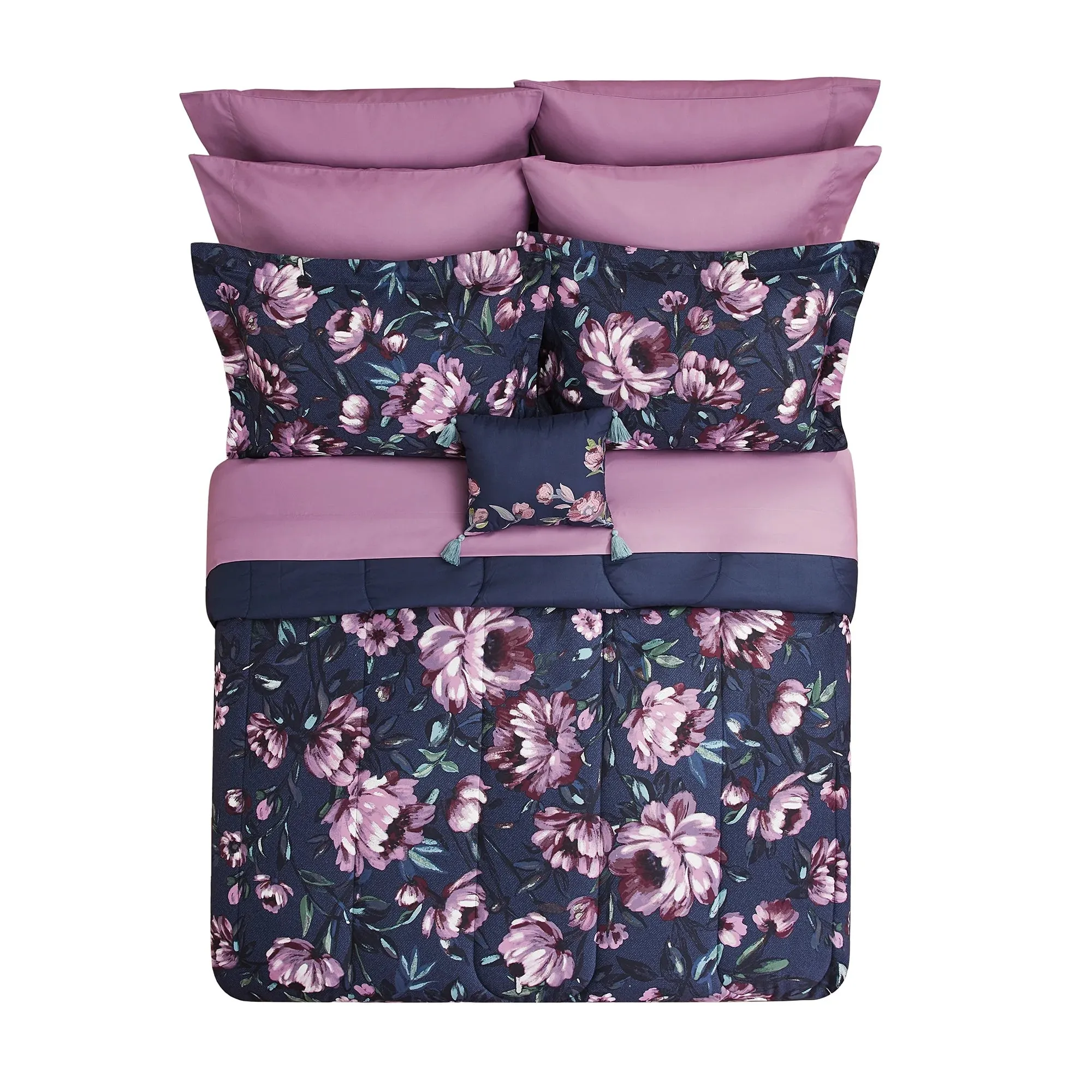 Mainstays MS9344409622-10 10 Piece Bed In A Bag Comforter Set W/Sheets, Full Navy Floral