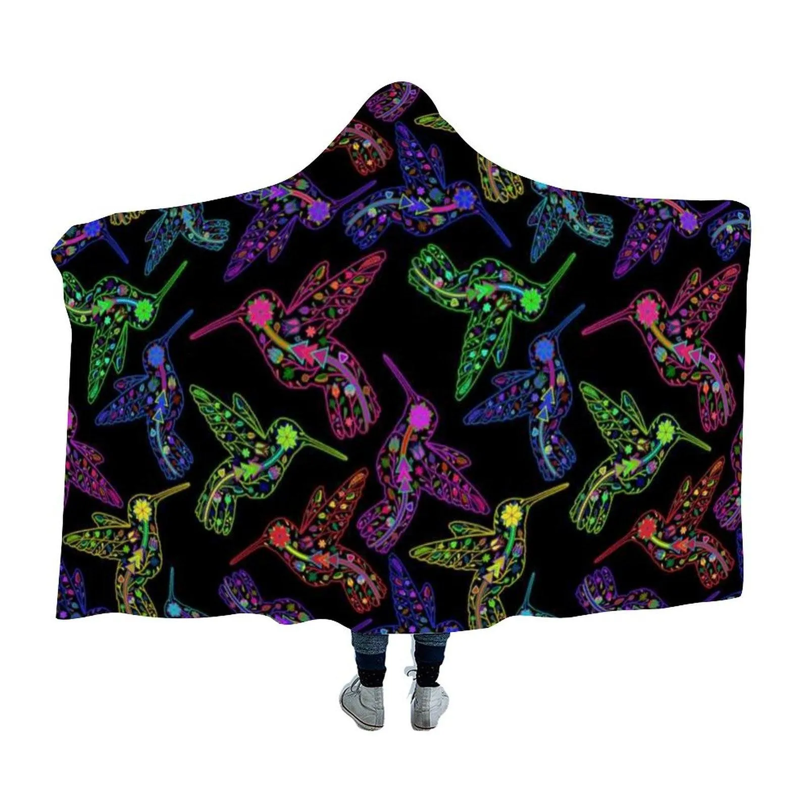 Neon Floral Hummingbirds Hooded Blanket