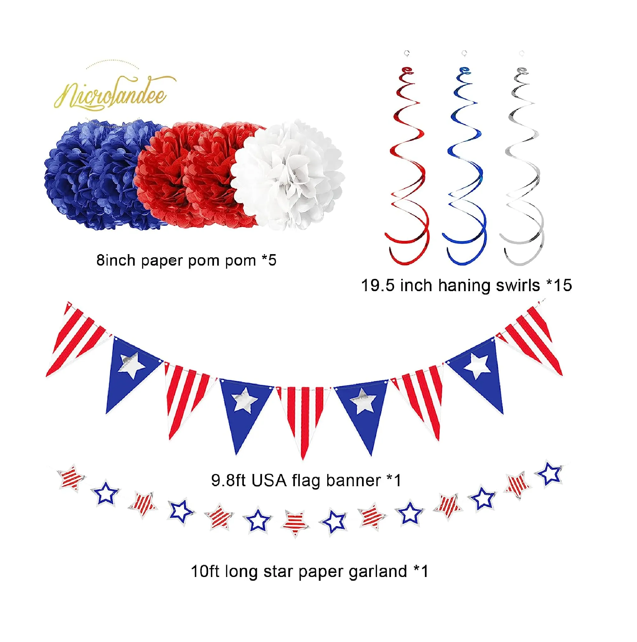 NICROLANDEE 4th of July Decorations 32PCS Red White Blue Patriotic Party Decor Flag of Paper Fans Pom Poms USA Party Supplies for Independence