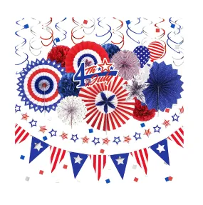 NICROLANDEE 4th of July Decorations 32PCS Red White Blue Patriotic Party Decor Flag of Paper Fans Pom Poms USA Party Supplies for Independence