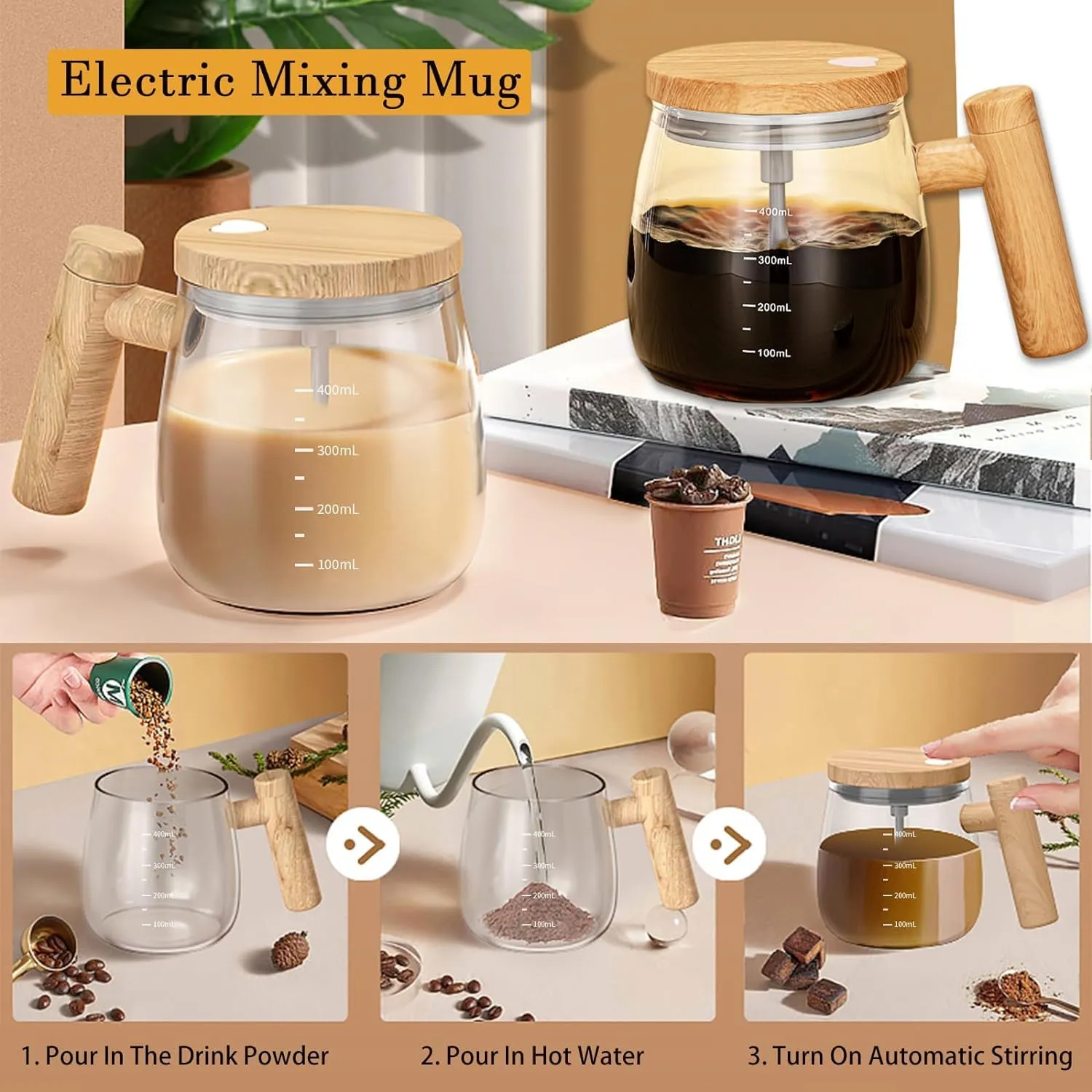 NIKMAY CREATION Self Stirring Mug Speed Mixing Cup Self Coffee Mug Glass Automatic for Milk Protein Powder at Home Office Travel 400 ML