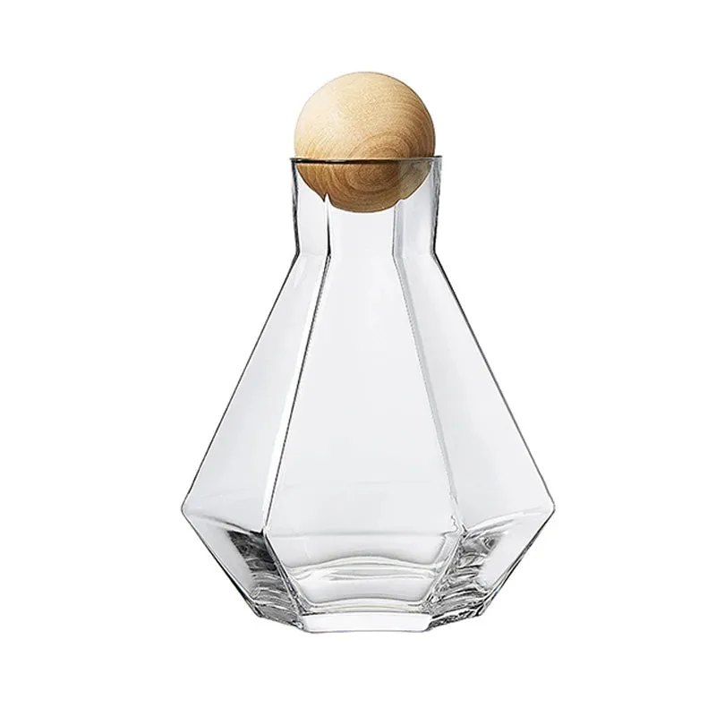 Nordic Prismatic Water Pots Glass Carafe Wooden Lid Decanter Glass