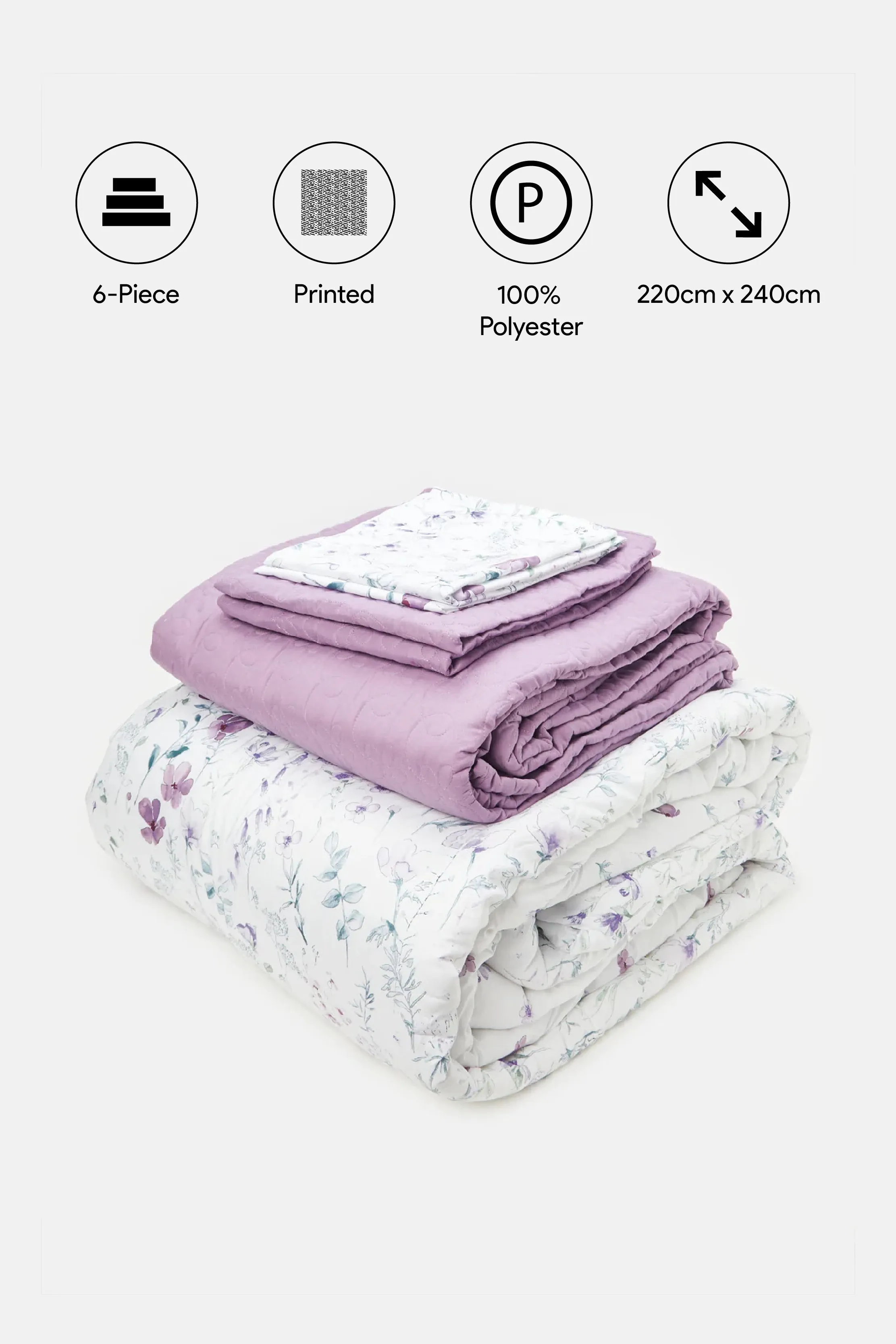 Purple 6 Piece Floral Printed Comforter Set (Double Size)