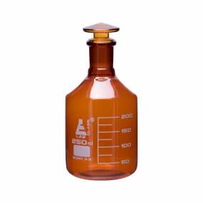 Reagent Bottle, Amber, 250mL - Graduated - Narrow Mouth with Solid Glass Stopper - Borosilicate Glass