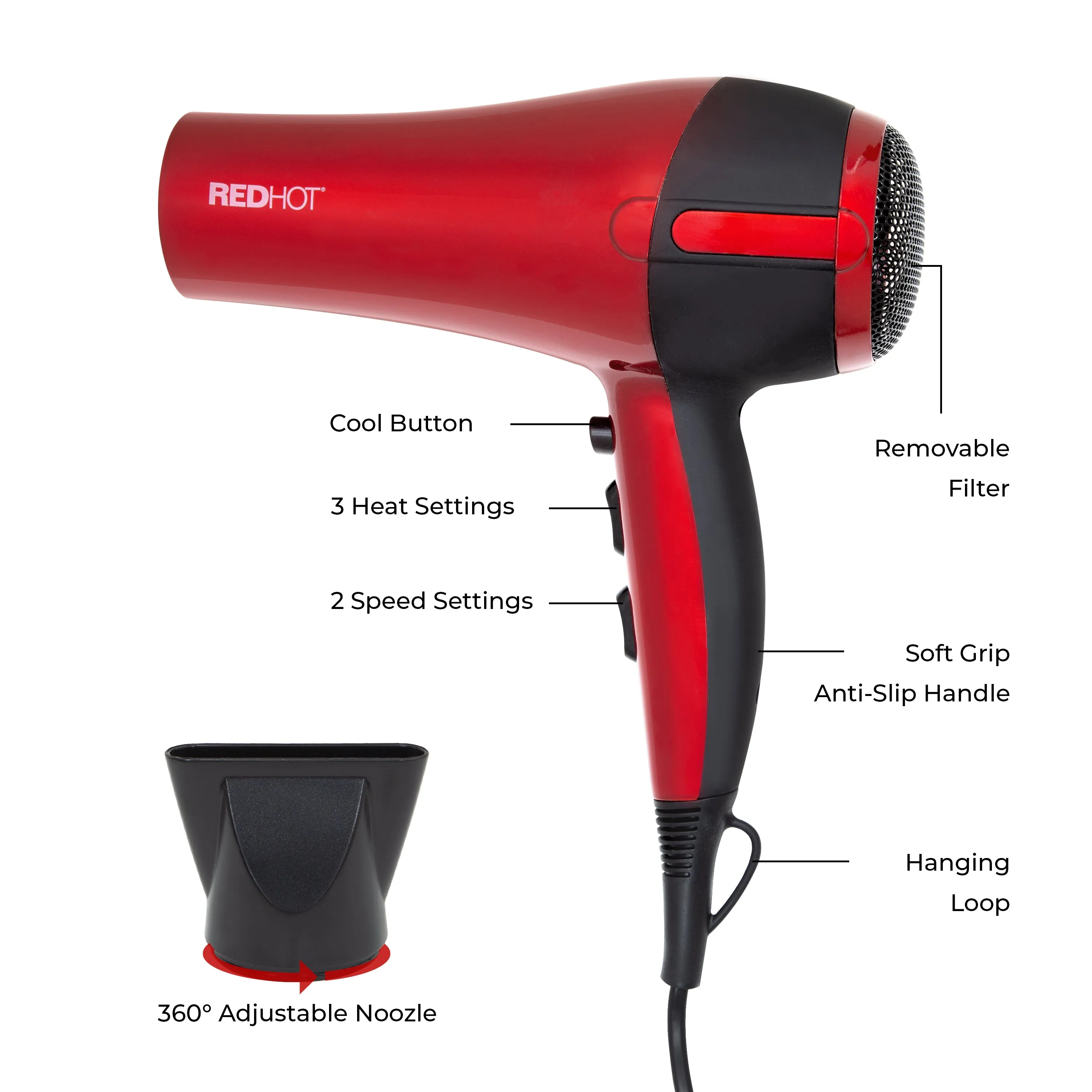 Red Hot 2000W Professional Hairdryer - Red