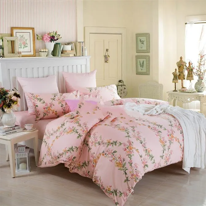 Romantic Graceful Vine Print Pink Cotton Luxury 4-Piece Duvet Cover Sets