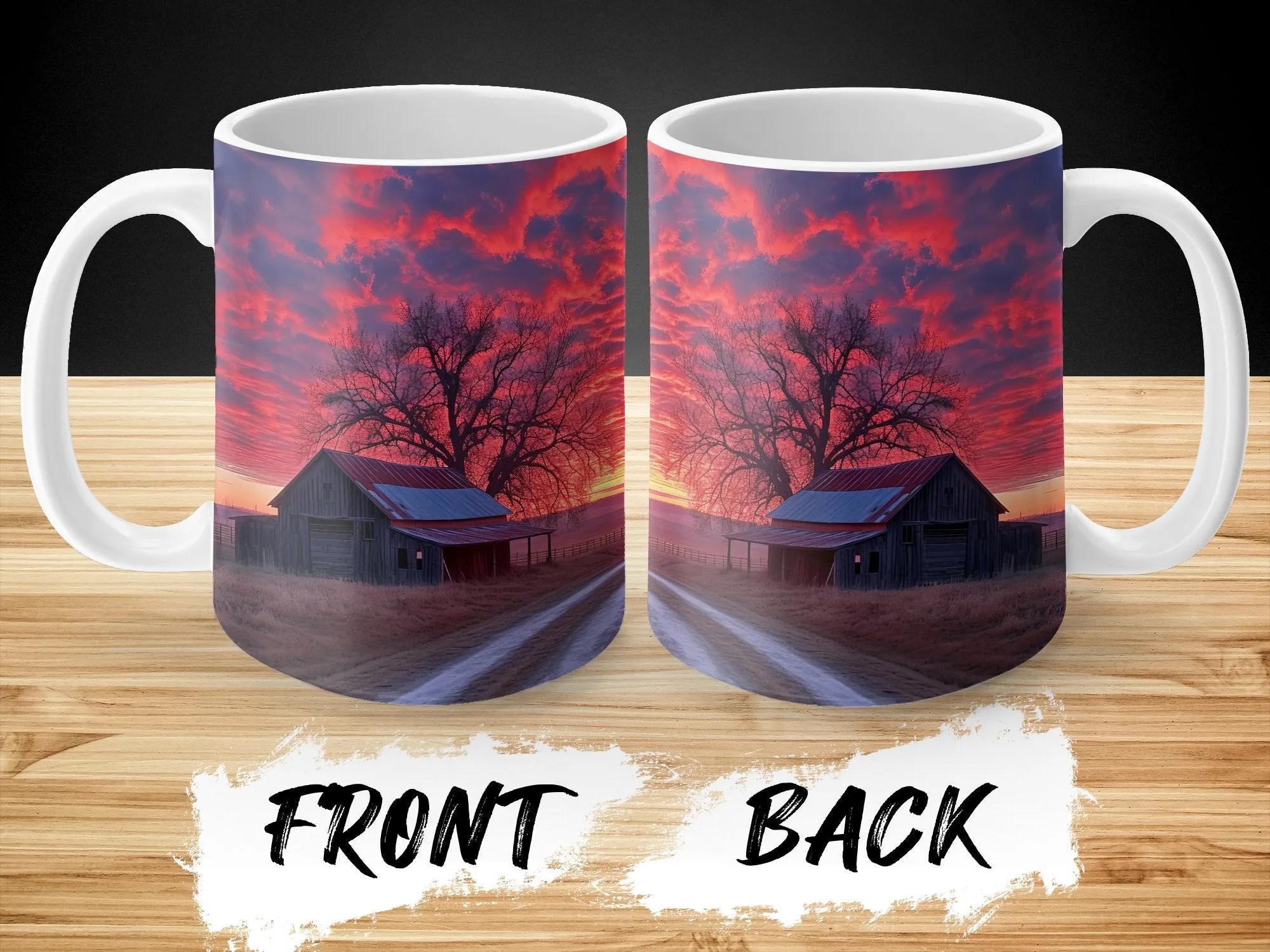 Rustic Barn Sunset Coffee Mug, Vibrant Sky Farmhouse Kitchen Decor, Nature Photography Drinkware, Country Road Tea Cup Gift