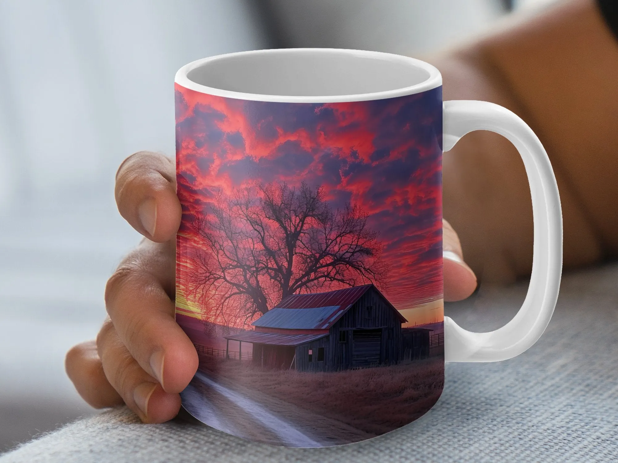 Rustic Barn Sunset Coffee Mug, Vibrant Sky Farmhouse Kitchen Decor, Nature Photography Drinkware, Country Road Tea Cup Gift