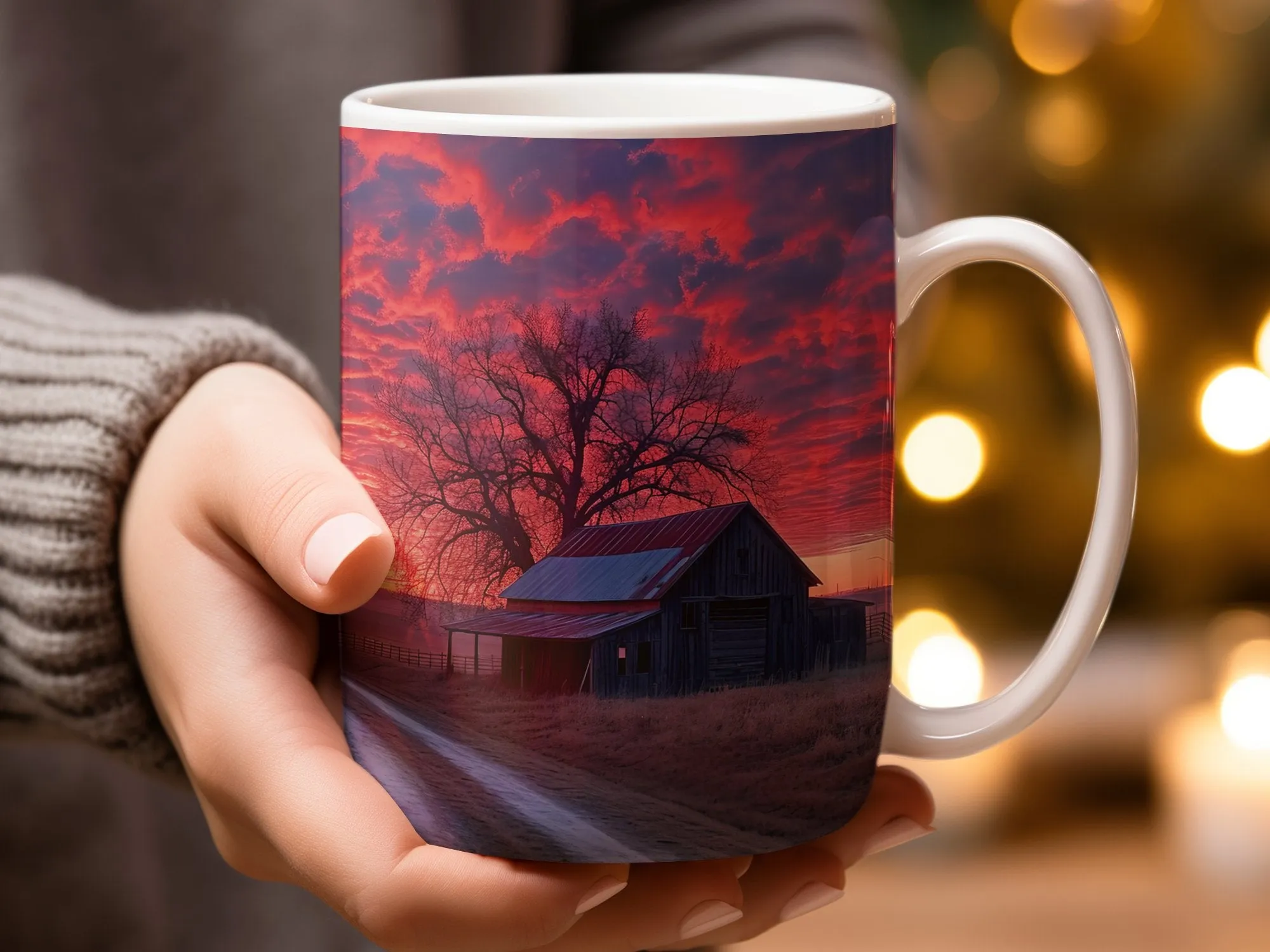 Rustic Barn Sunset Coffee Mug, Vibrant Sky Farmhouse Kitchen Decor, Nature Photography Drinkware, Country Road Tea Cup Gift