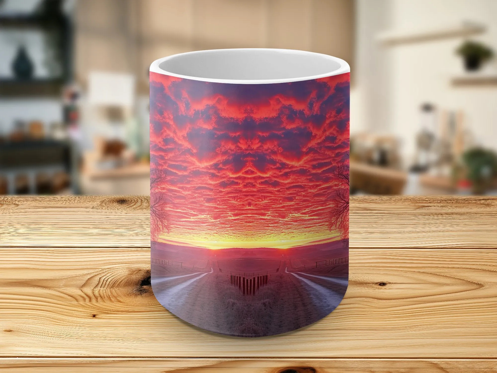 Rustic Barn Sunset Coffee Mug, Vibrant Sky Farmhouse Kitchen Decor, Nature Photography Drinkware, Country Road Tea Cup Gift