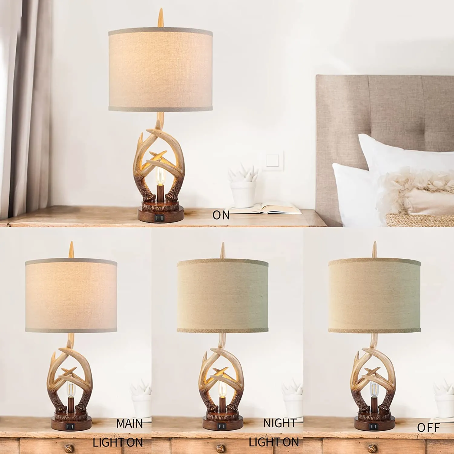 Rustic Farmhouse Antlers Table Lamp Set of 2 with Dual USB