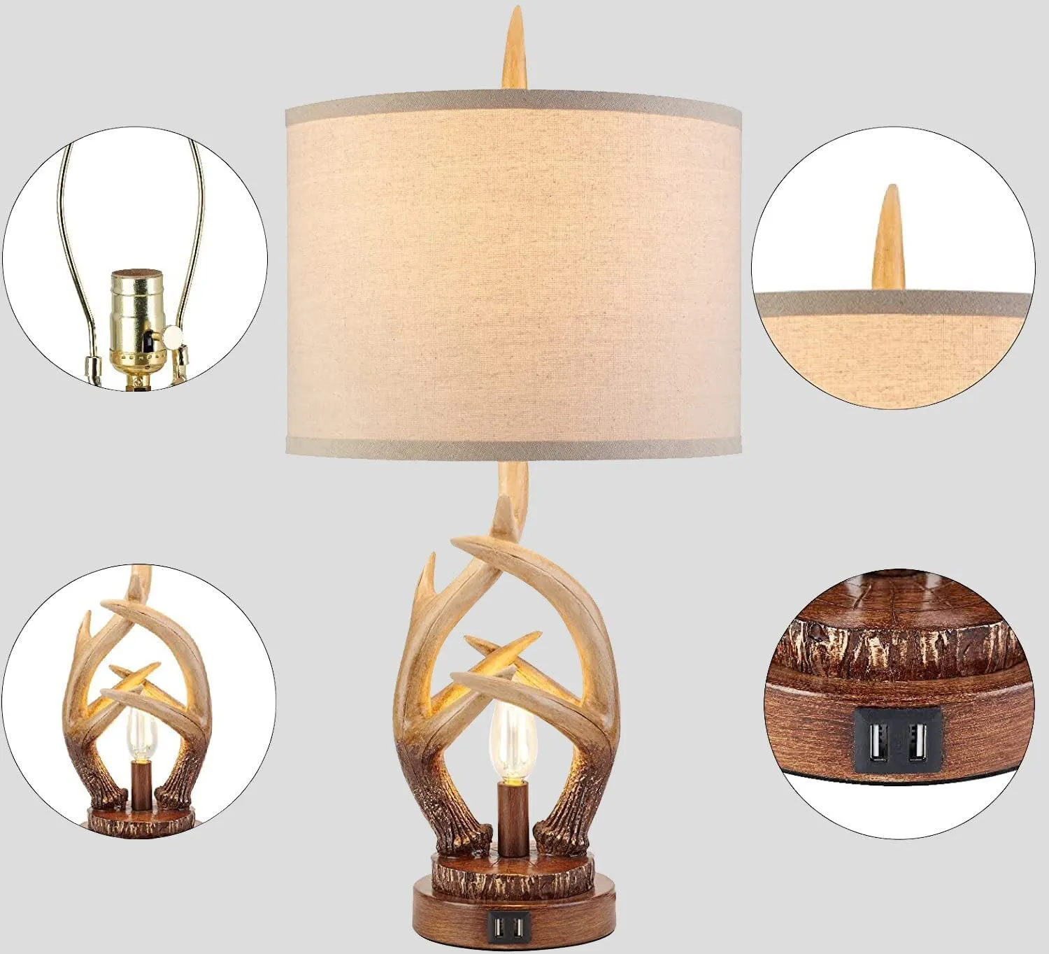 Rustic Farmhouse Antlers Table Lamp Set of 2 with Dual USB