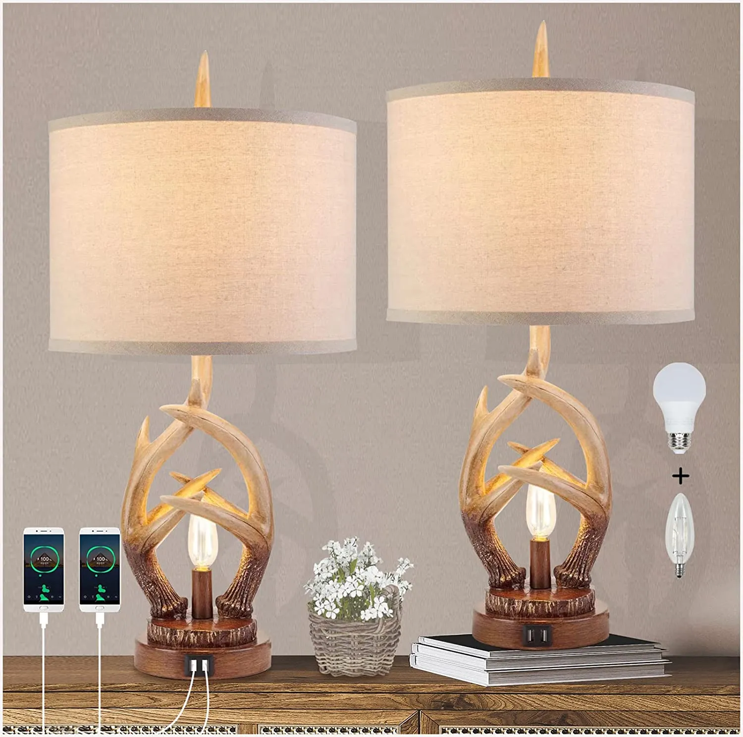 Rustic Farmhouse Antlers Table Lamp Set of 2 with Dual USB