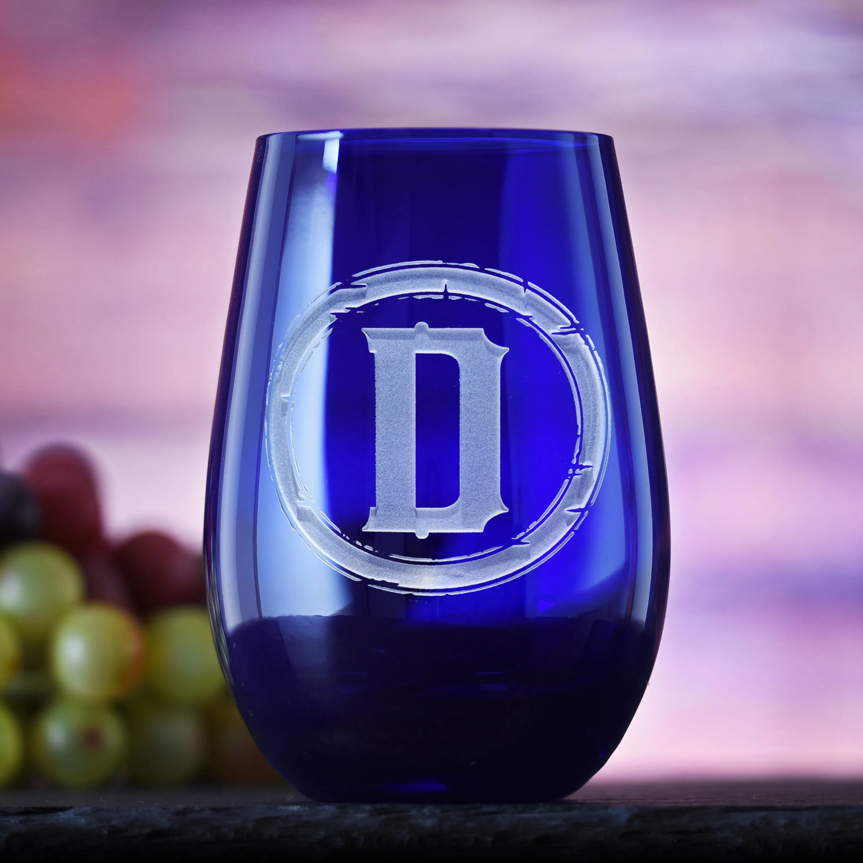 Rustic Monogram Blue Stemless Wine Glass Tumbler by Crystal Imagery