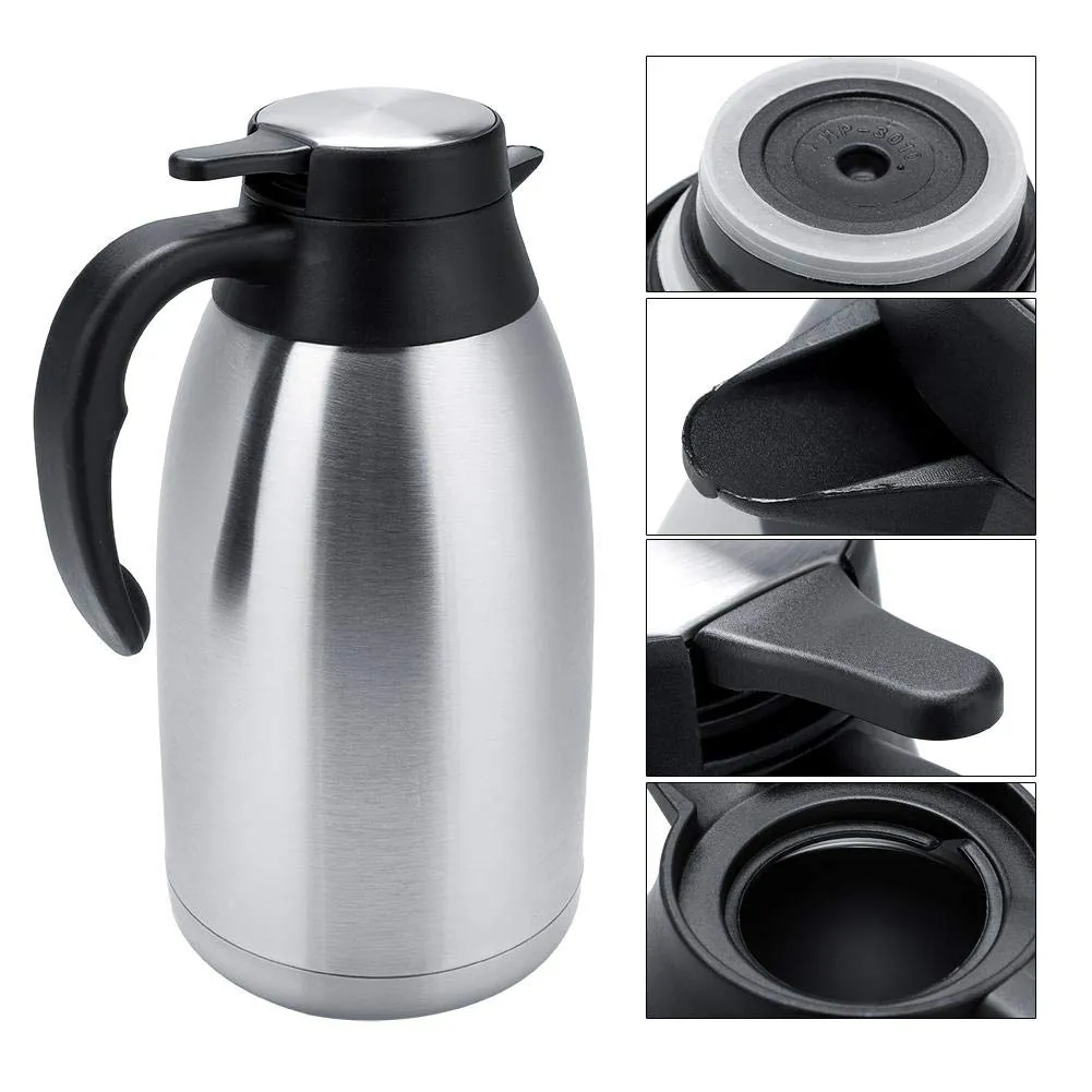 Stainless Steel Thermal Coffee Carafe Vacuum Insulated Thermo Jug Long Time Heat 24Hours Retention Dust-Proof Household et Outdoor(2L)