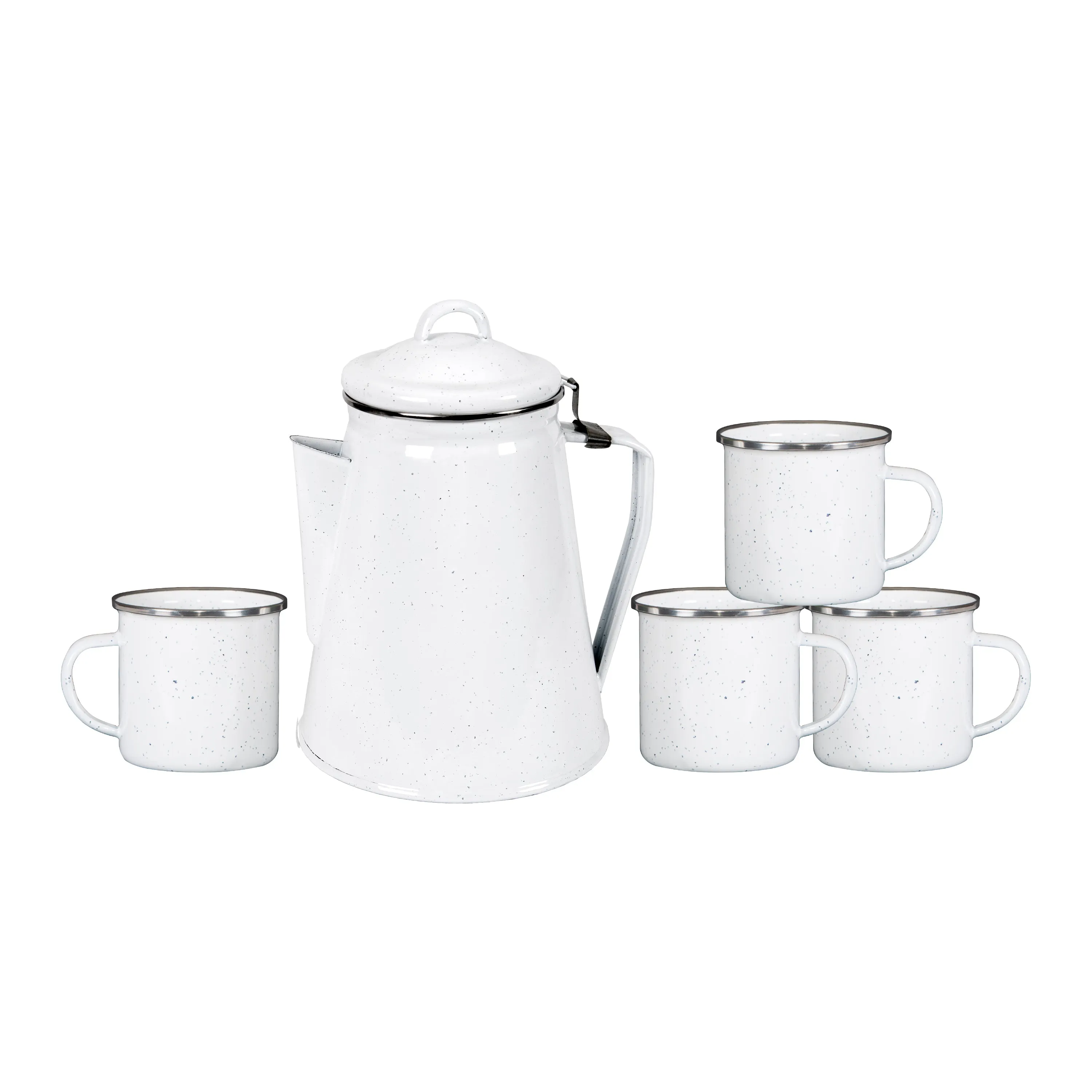 Stansport Enamel 8Cup Coffee Pot W/Perc/4-12 Oz Mugs/White W/Blue Spec