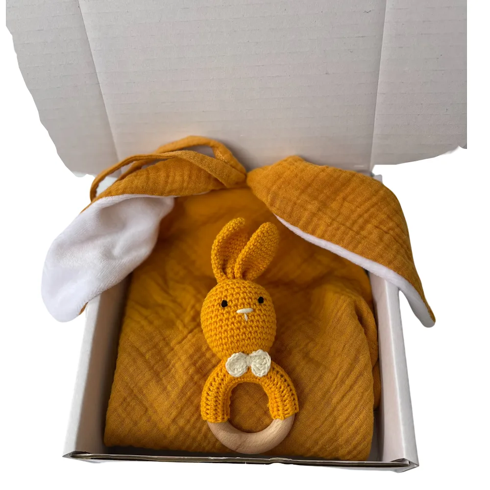 StitchesandTweed Baby Gift Set - Mustard Comforter Yellow Toy Rattle