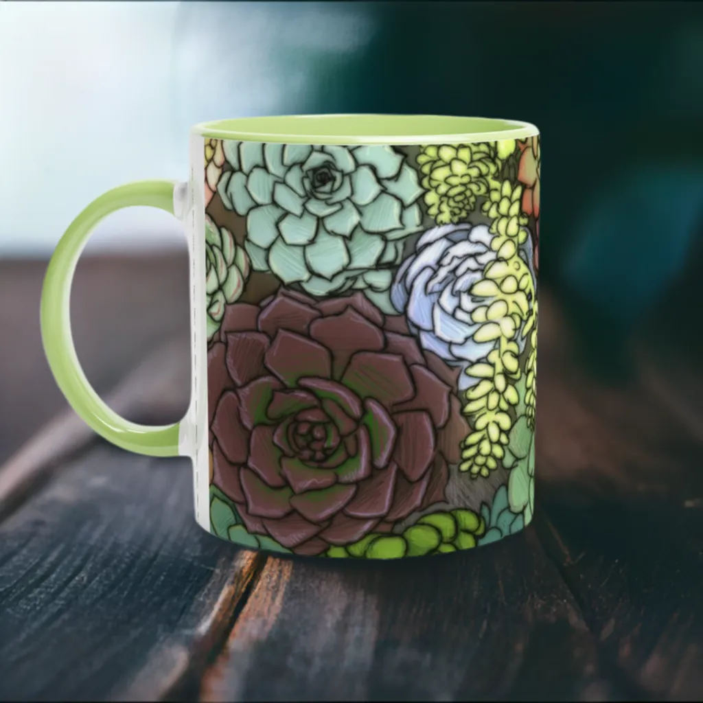 Succulent Illustration - White 11oz Ceramic Mug with Color Inside