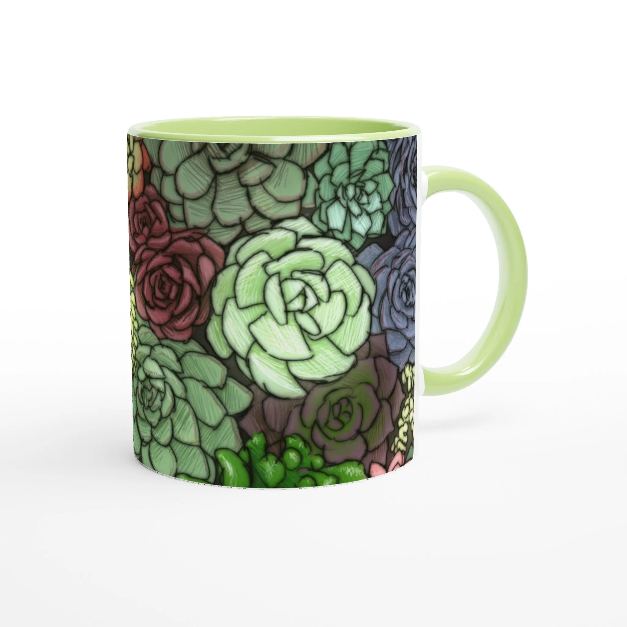 Succulent Illustration - White 11oz Ceramic Mug with Color Inside