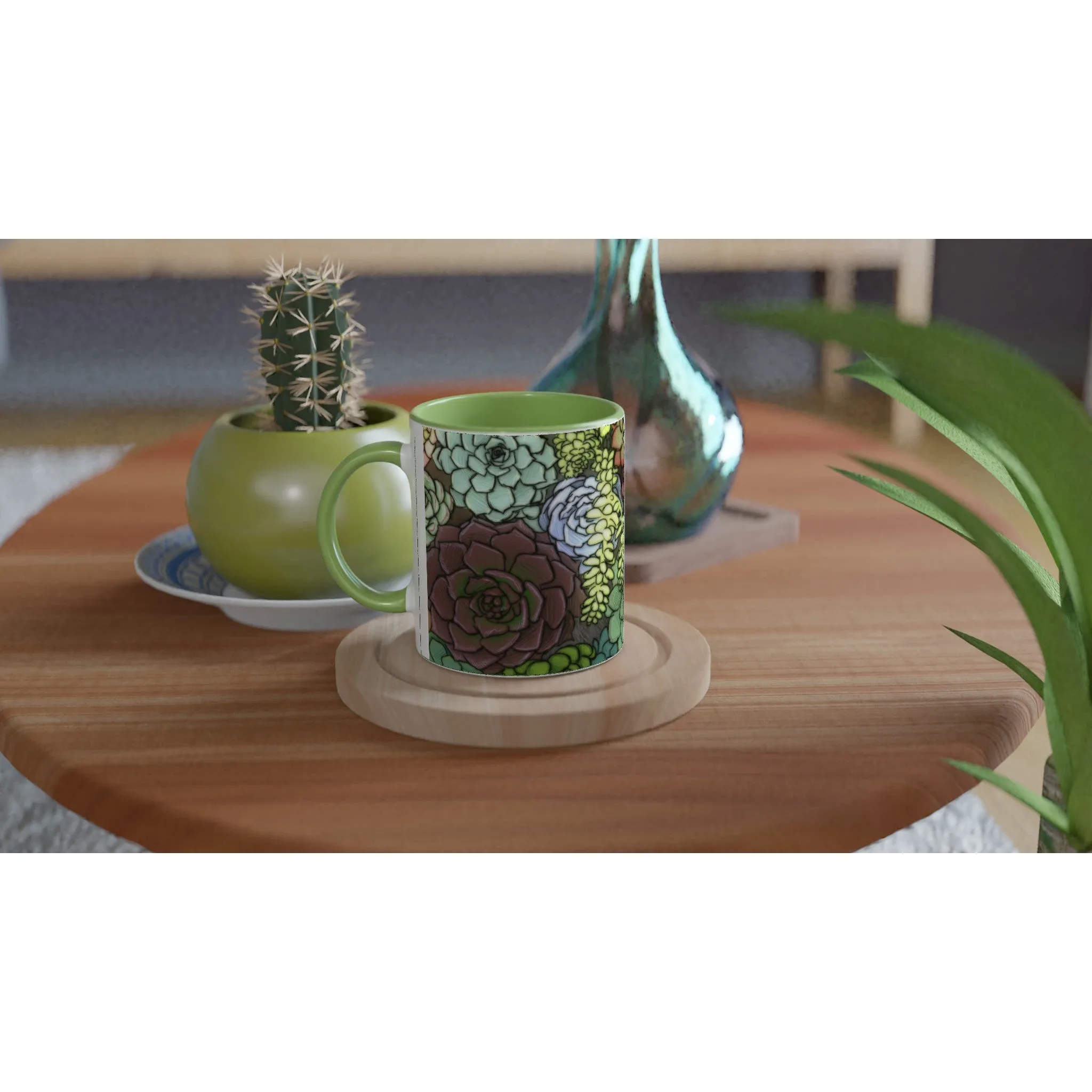 Succulent Illustration - White 11oz Ceramic Mug with Color Inside