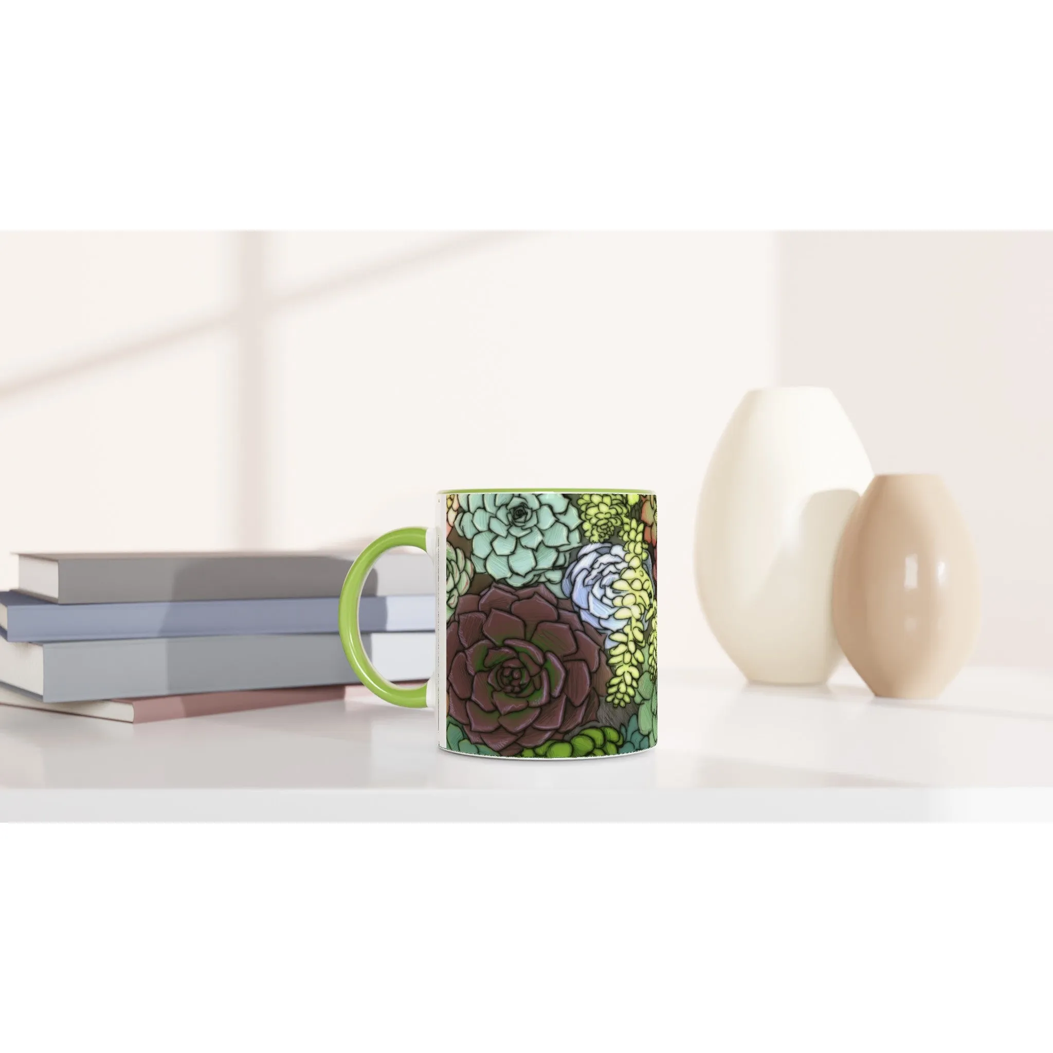 Succulent Illustration - White 11oz Ceramic Mug with Color Inside