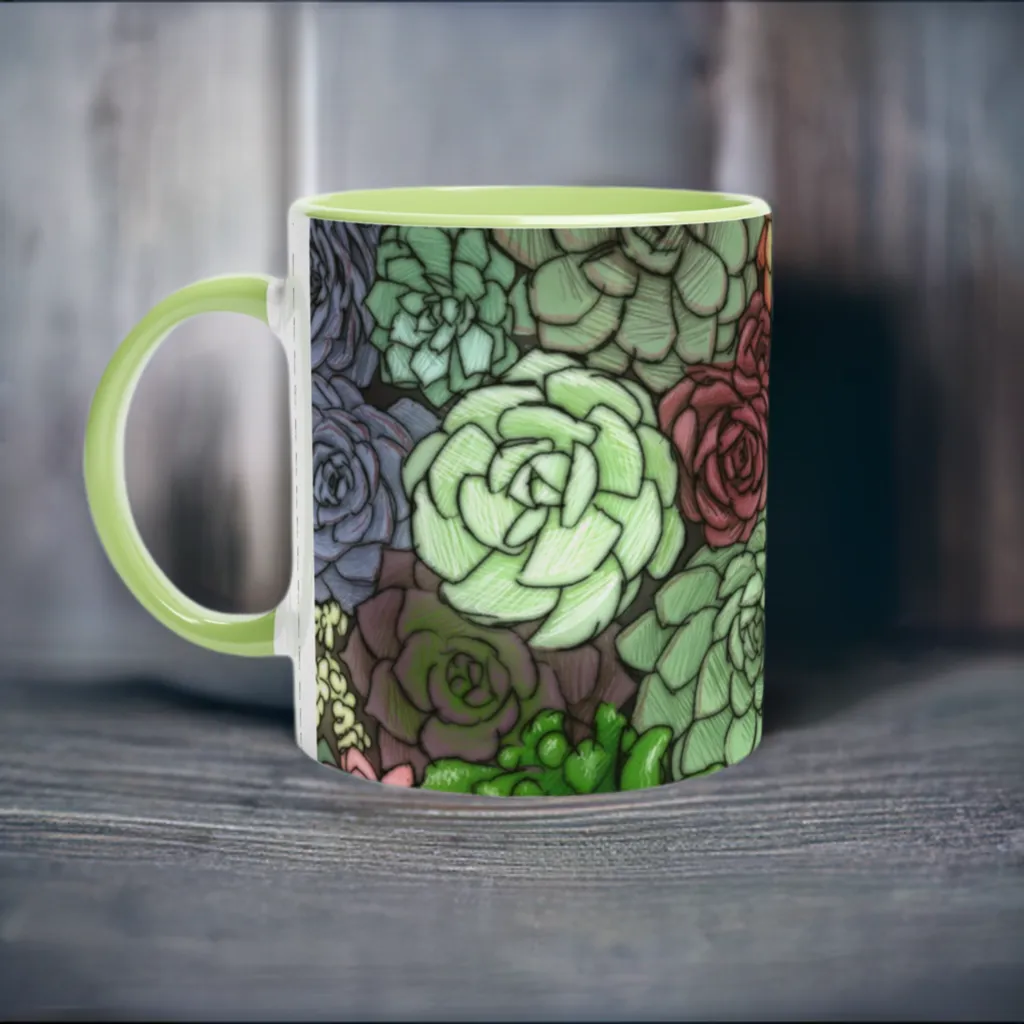 Succulent Illustration - White 11oz Ceramic Mug with Color Inside