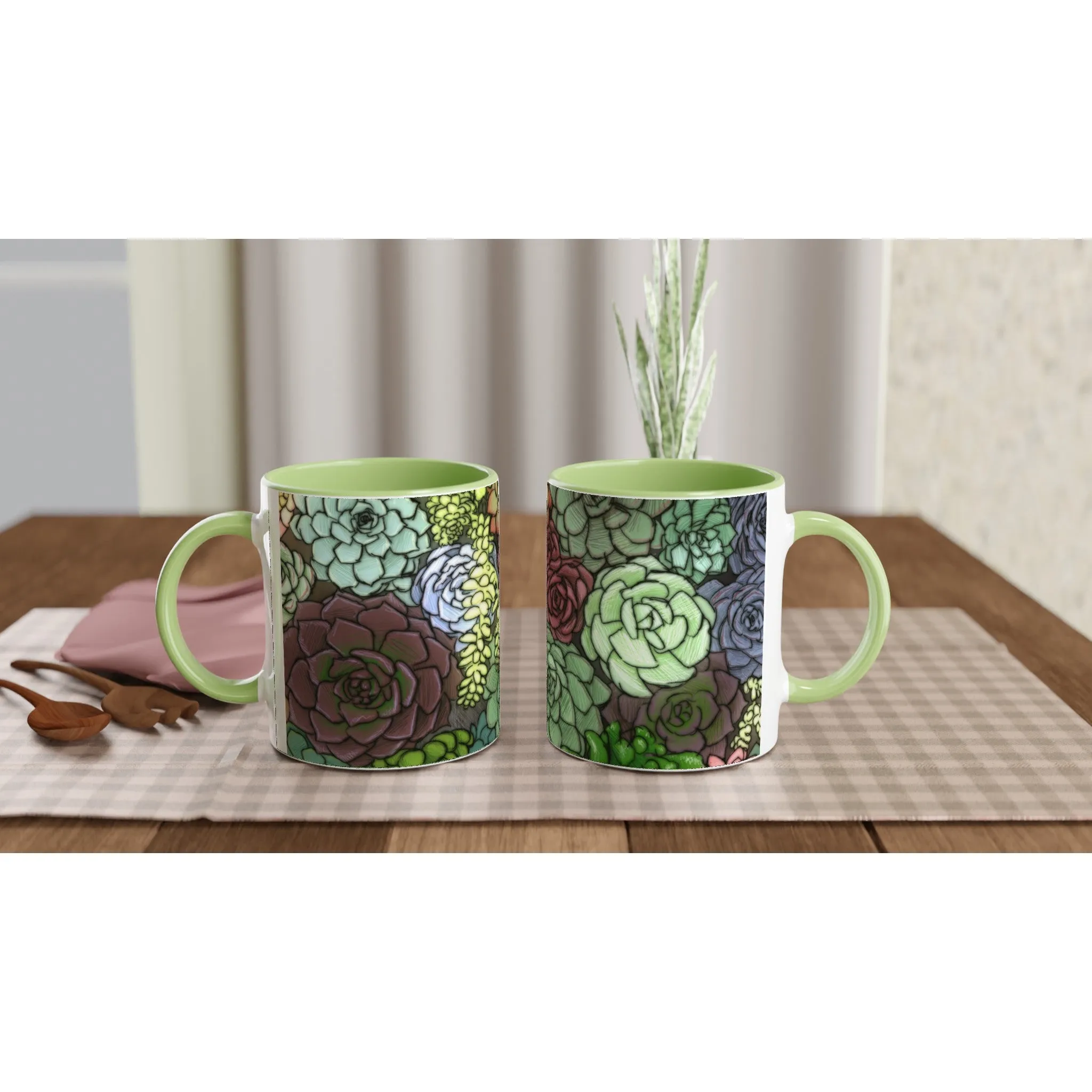 Succulent Illustration - White 11oz Ceramic Mug with Color Inside