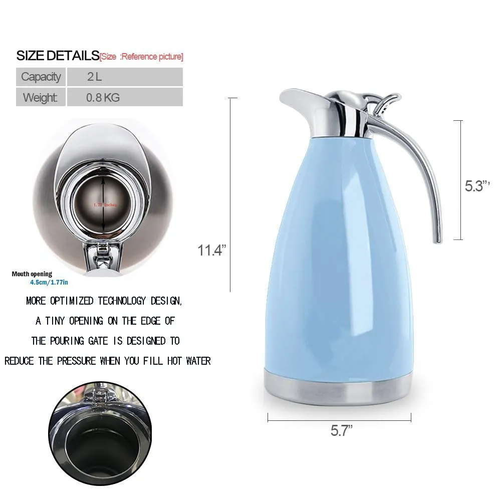 Sumerflos 68 Oz Stainless Steel Coffee Thermal Carafe/Double Walled Vacuum Thermos Insulated / 12 Hour Heat Retention / 2 Liters (Blue)