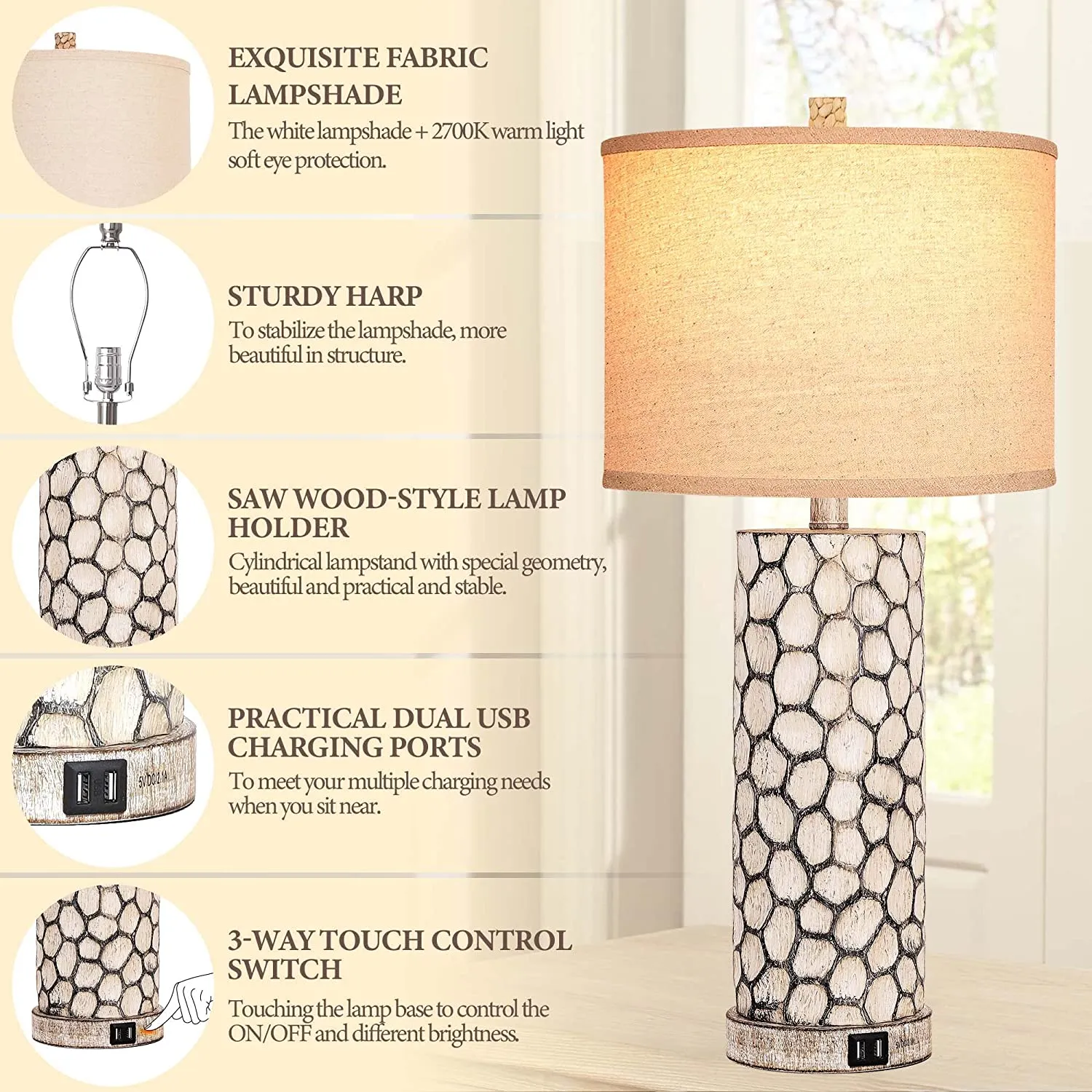 Table Lamps Set of 2 for Living Room, Farmhouse 3-Way Dimmable