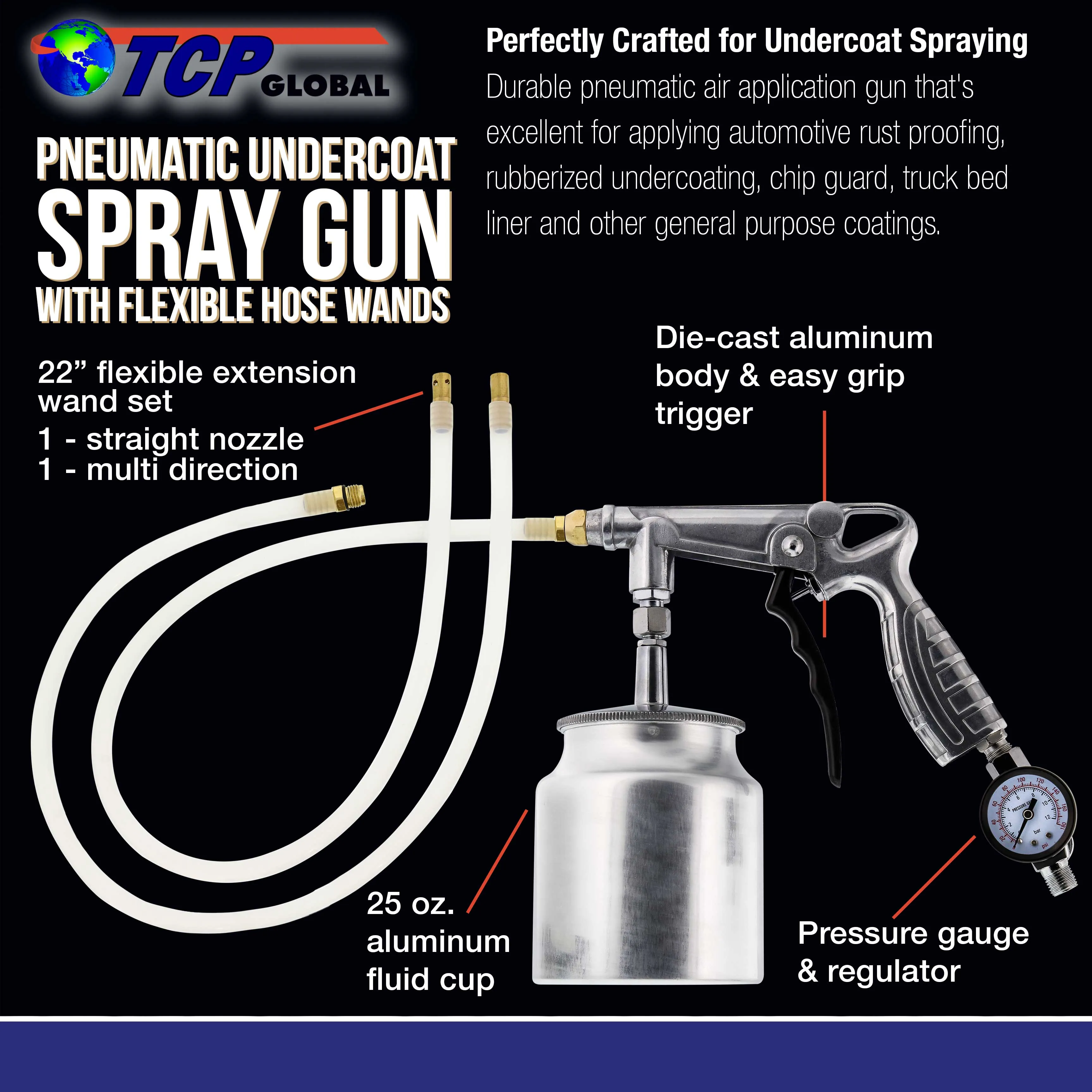 TCP Global Air Rust Proofing and Undercoating Gun with Gauge & Suction Feed Cup, 2 Wands - 22" Long Flexible Extension Wand Multi-Directional Nozzle