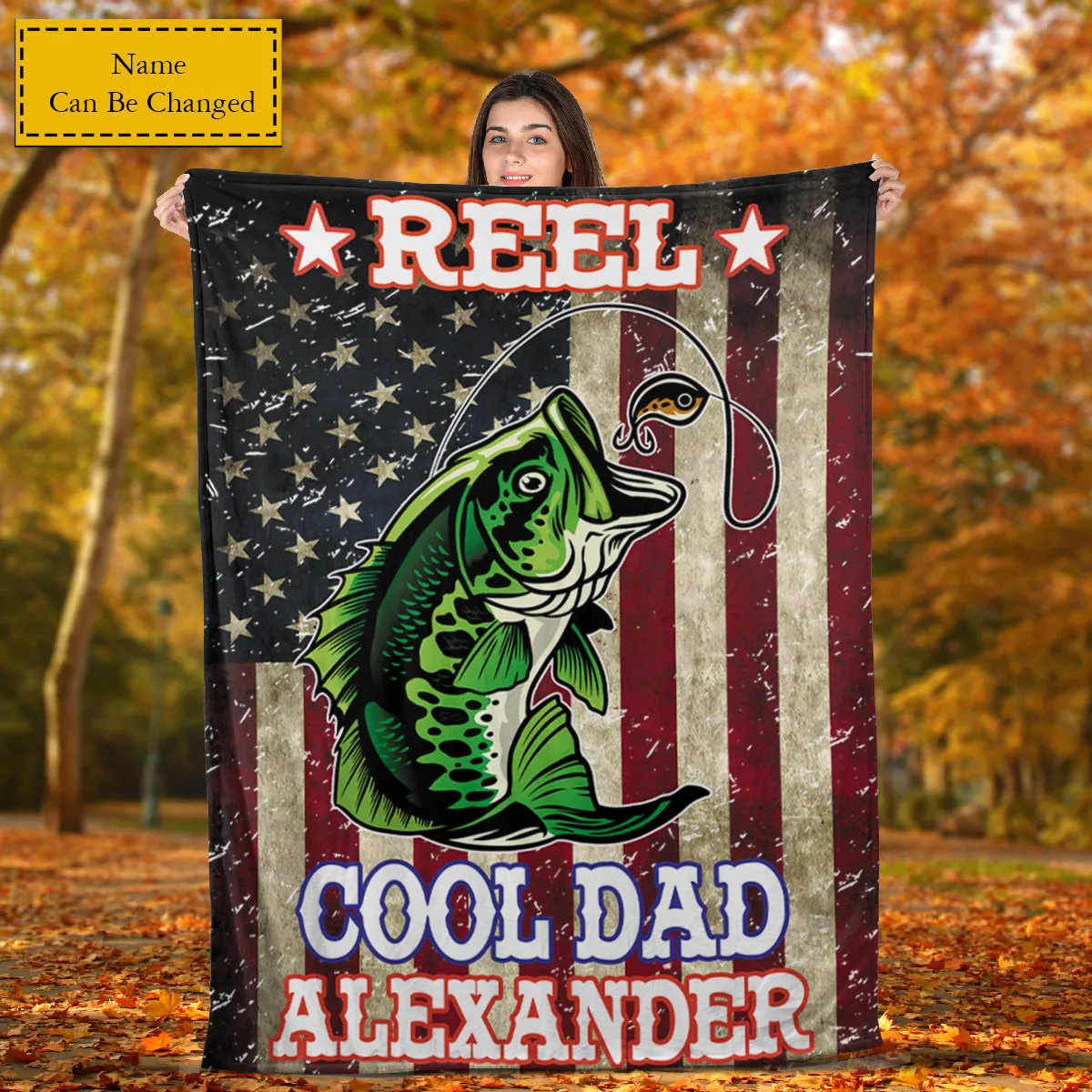 Teesdily | Fishing Dad Customized Fleece Blanket Reel Cool Dad Soft Sofa Blanket Grunge American Flag Fleece Blankets American Fishing Lover Gifts